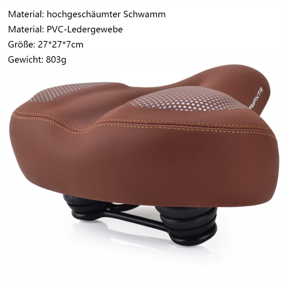 Brauner Ledersattel mit Federn und Text auf Deutsch über die Eigenschaften.