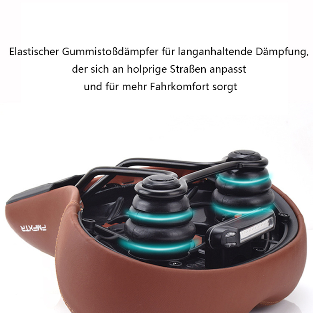 Brauner Fahrradsattel mit blauen Federn, Nahaufnahme.
