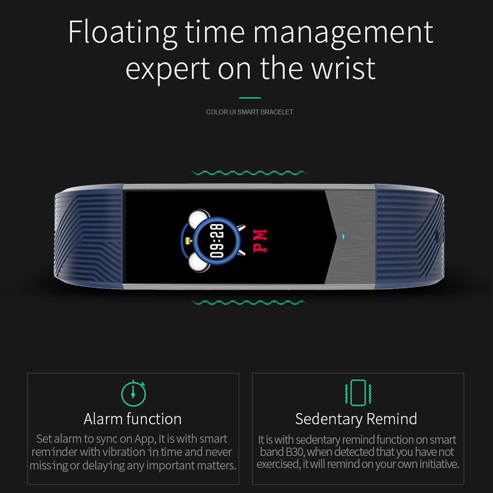 Smartwatch mit blauem Band, zeigt Zeit und Text 'PM'.