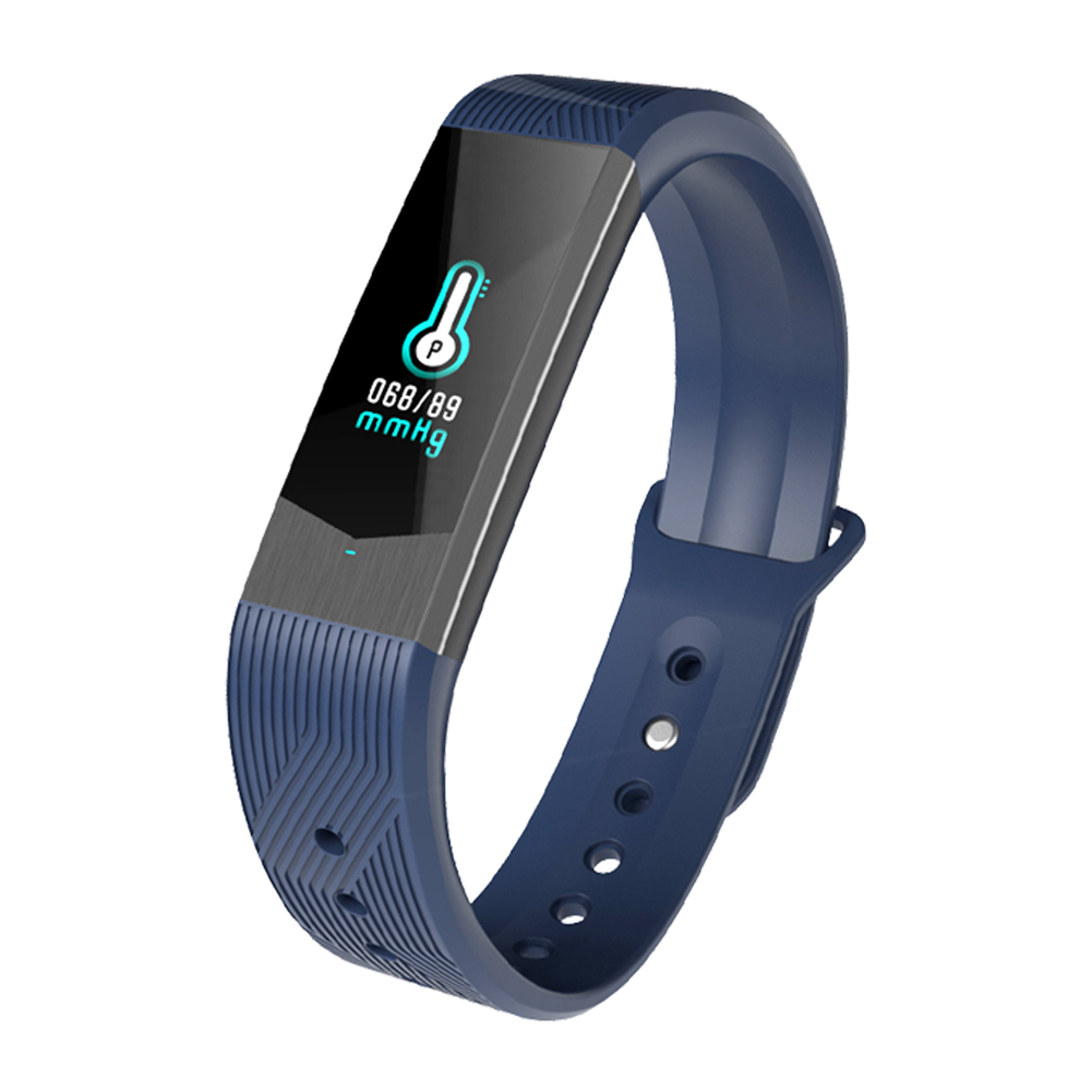 Blauer Fitnesstracker mit schwarzem Bildschirm, der Herzfrequenz und andere Gesundheitsmetriken anzeigt.