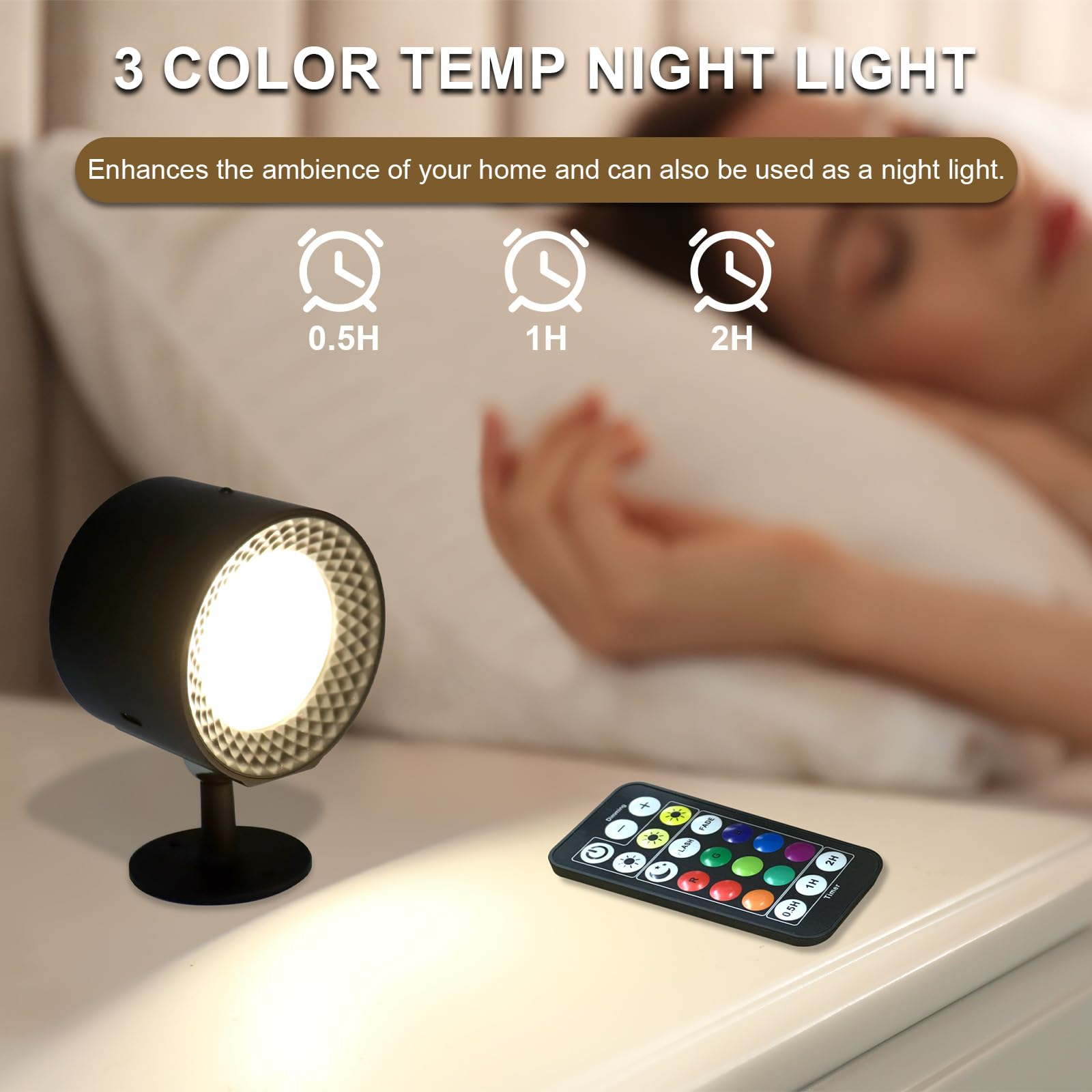 Ein Nachtlicht und eine Fernbedienung. Eine Person im Bett im Hintergrund. Das Licht ist schwarz, Fernbedienung hat Knöpfe.