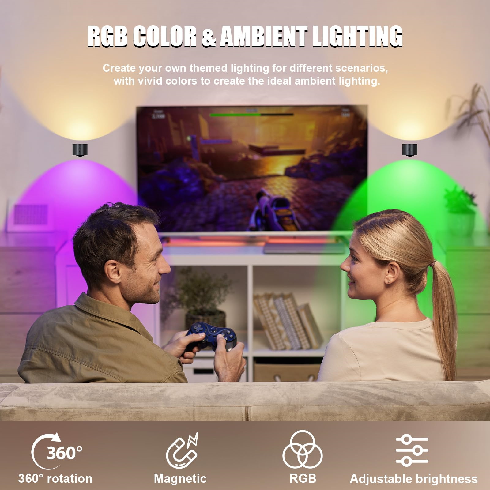 Ein Paar sitzt auf einer Couch und spielt ein Spiel. Der Raum ist mit RGB-Beleuchtung beleuchtet.