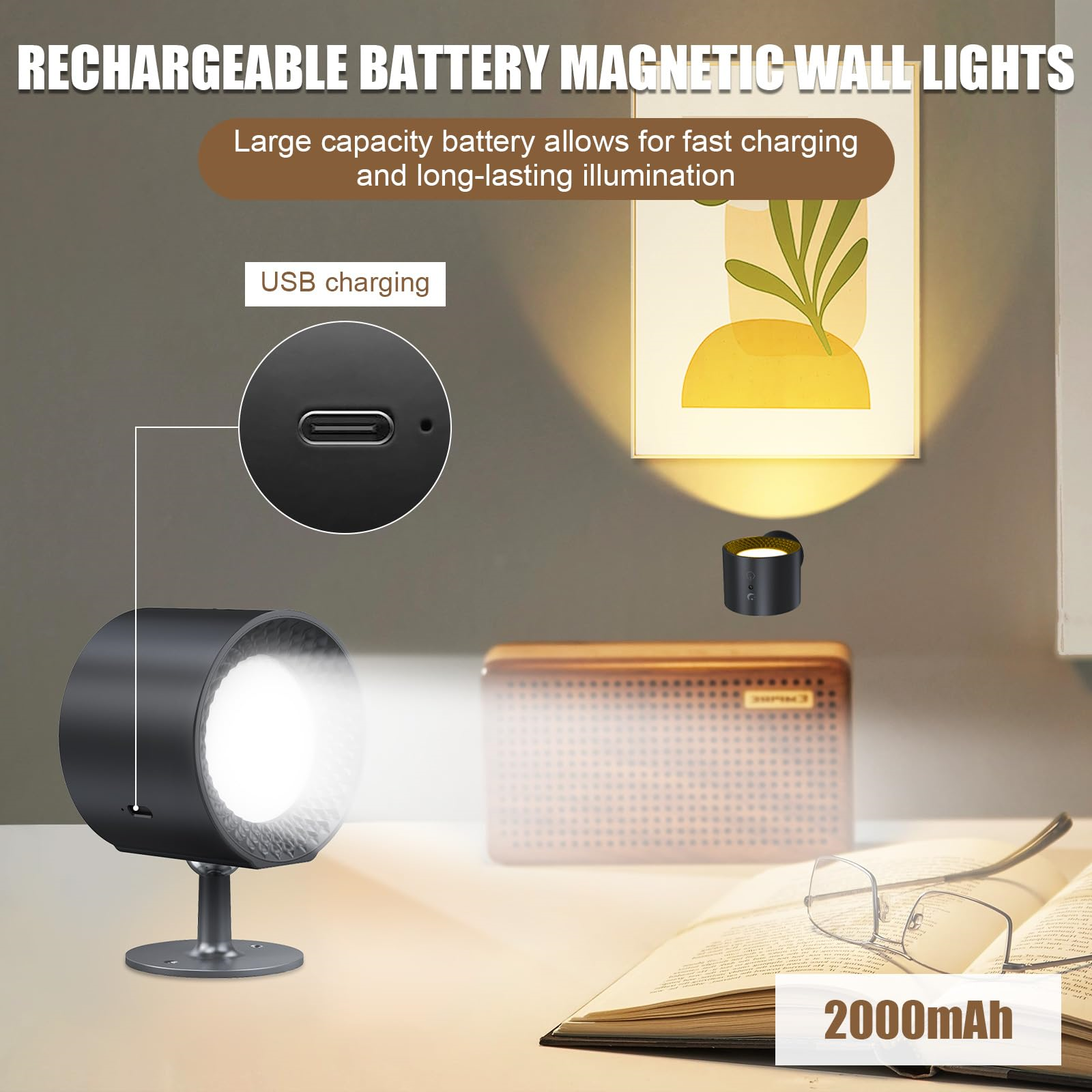 Schwarze Lampe mit hellem Licht, USB-Ladeanschluss, Lautsprecher und Zeichnung an der Wand.