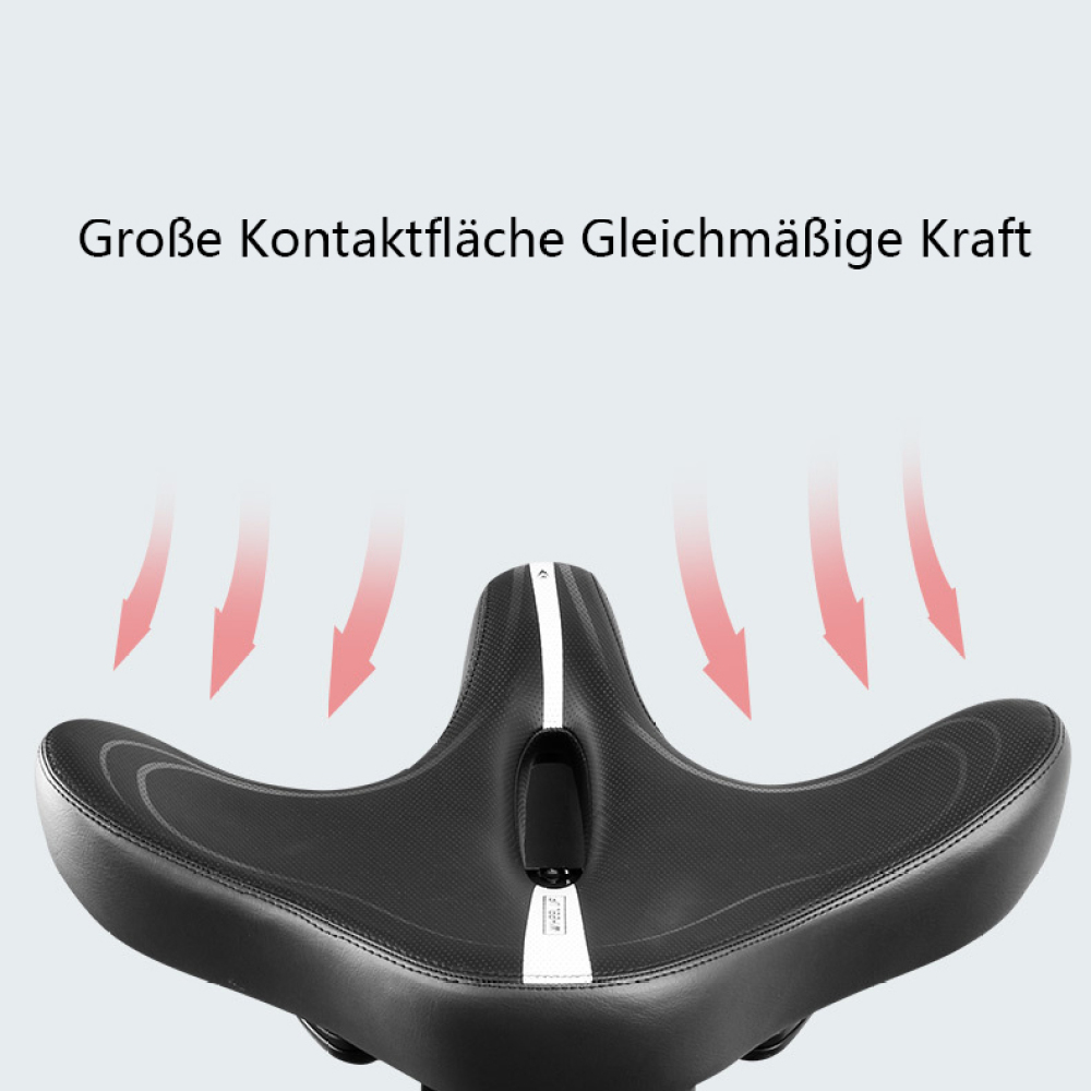 Schwarzer Fahrradsattel mit Pfeilen nach unten, Text: große Kontaktfläche.