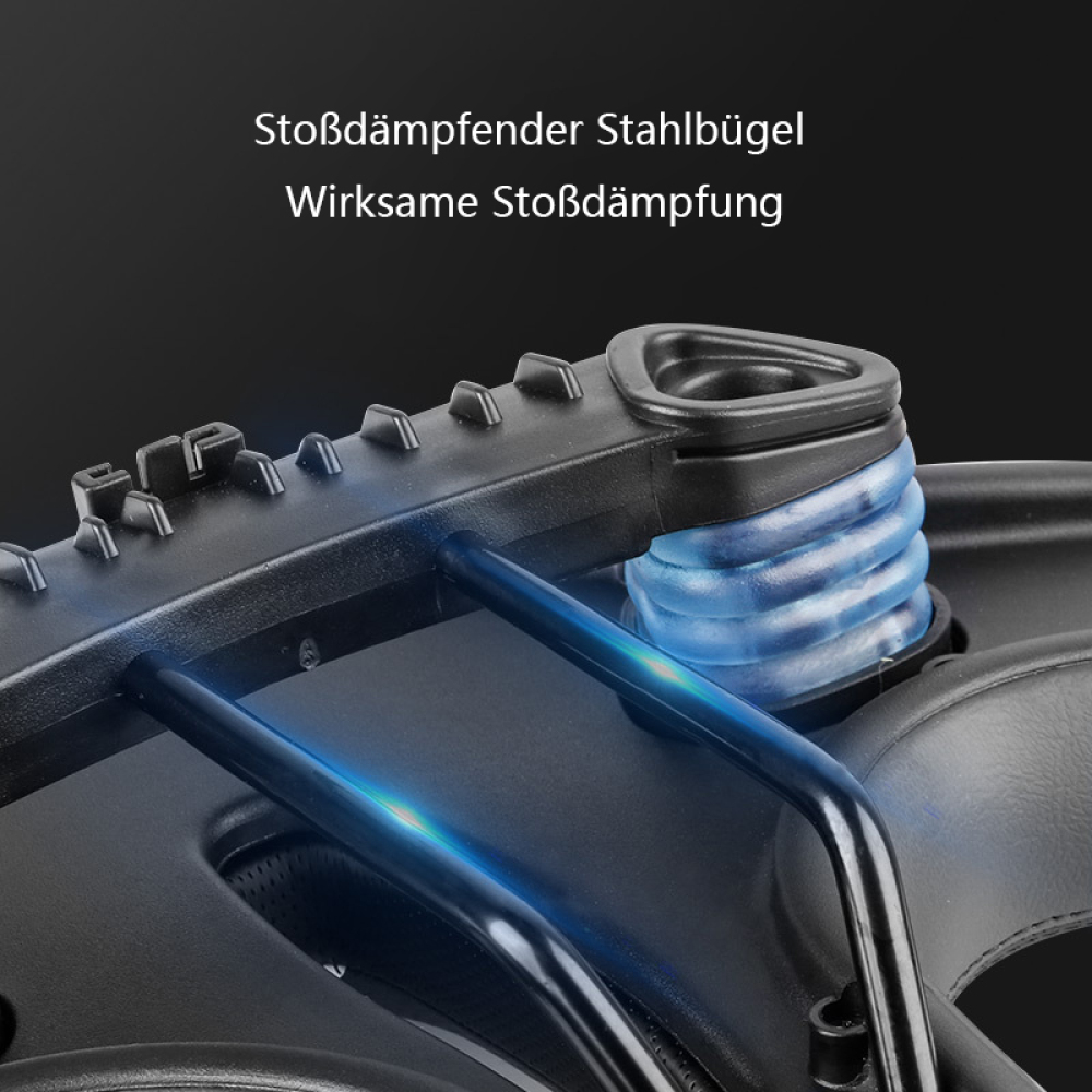Nahaufnahme eines Fahrradsattels mit stoßdämpfenden Federn und schwarzem Rahmen, blaue Federn sichtbar.