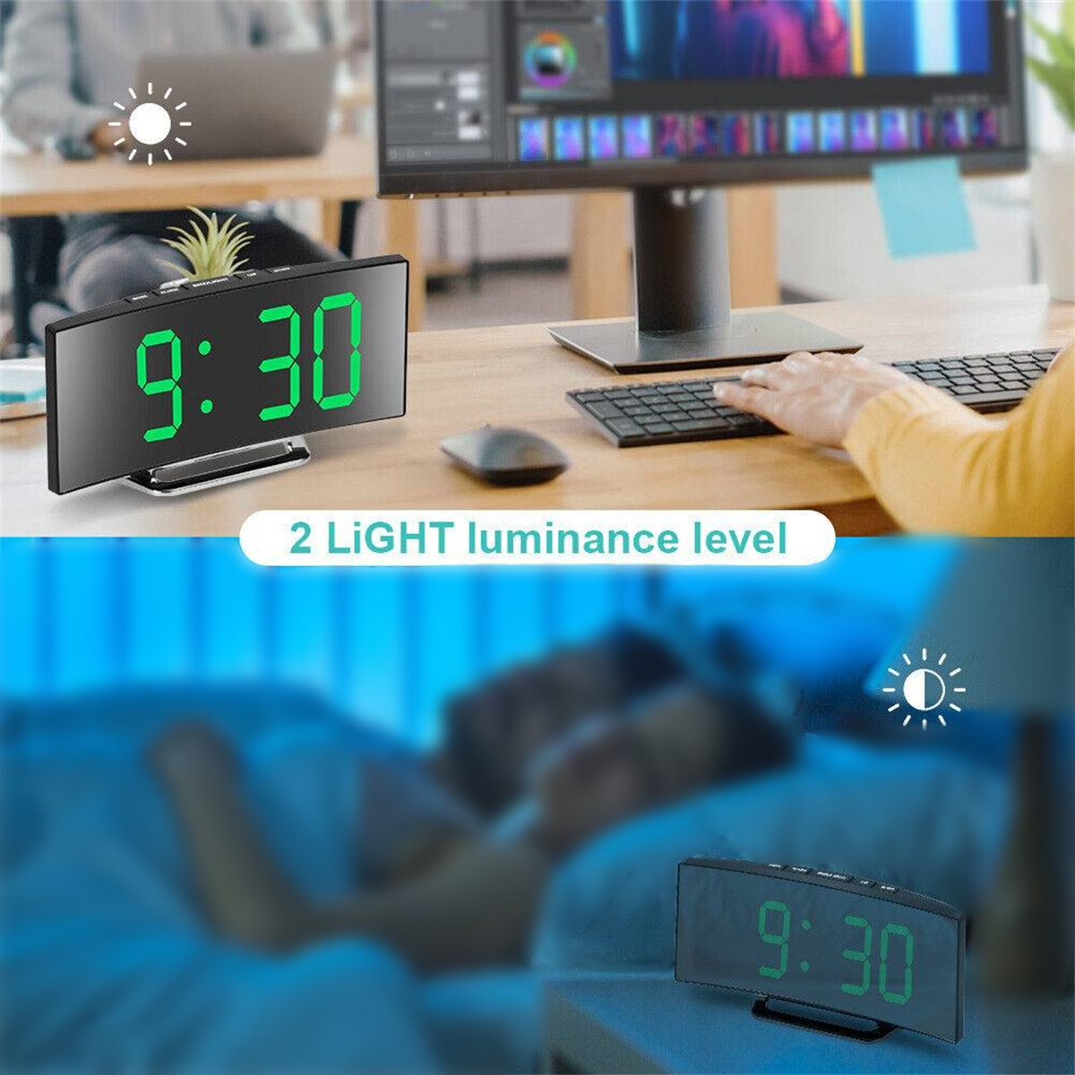 Eine Digitaluhr mit der Anzeige 9:30, dargestellt in zwei verschiedenen Lichtverhältnissen: hell und dunkel.