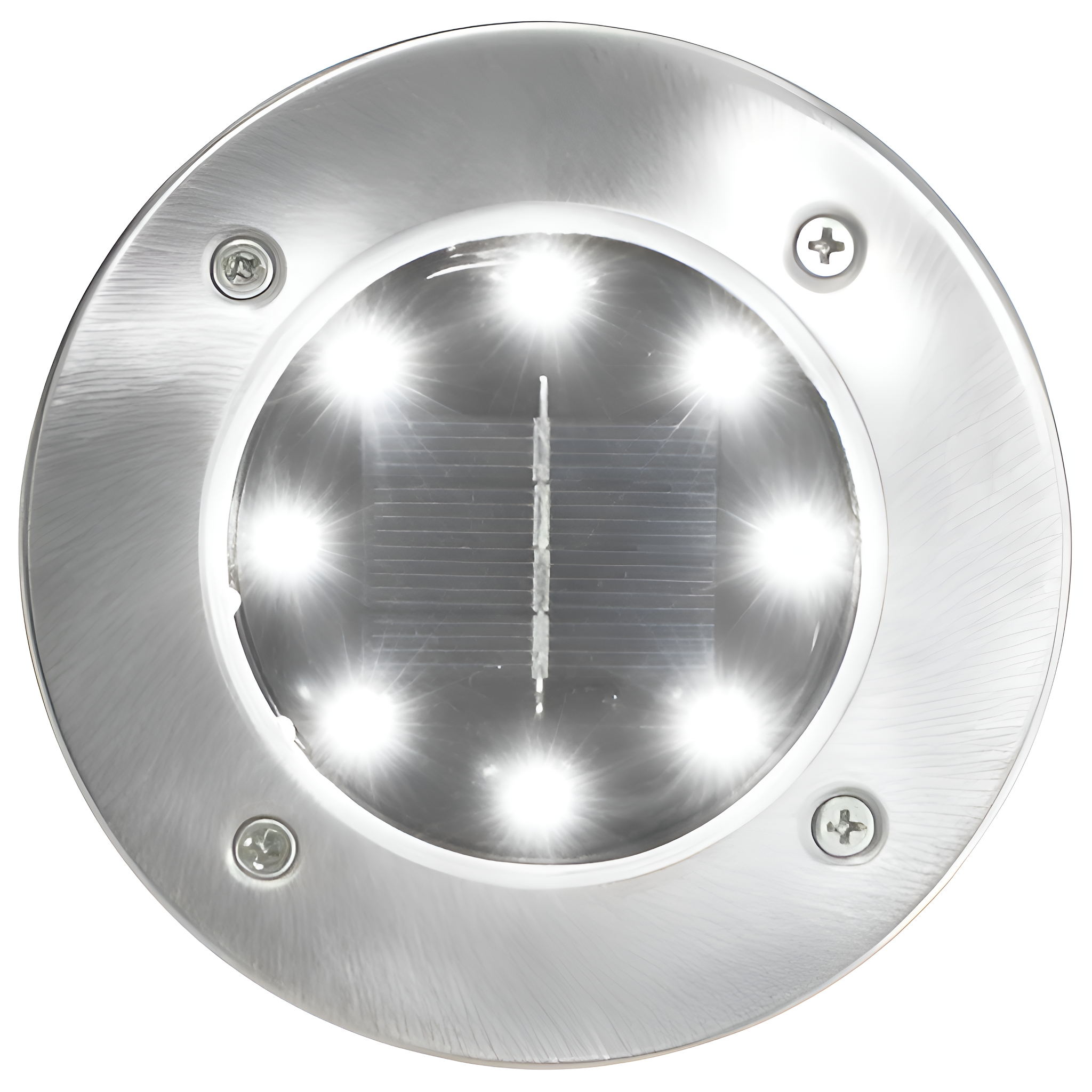 Solarbetriebene Außenleuchte, rund mit silbernem Rahmen, sechs helle Lichter.