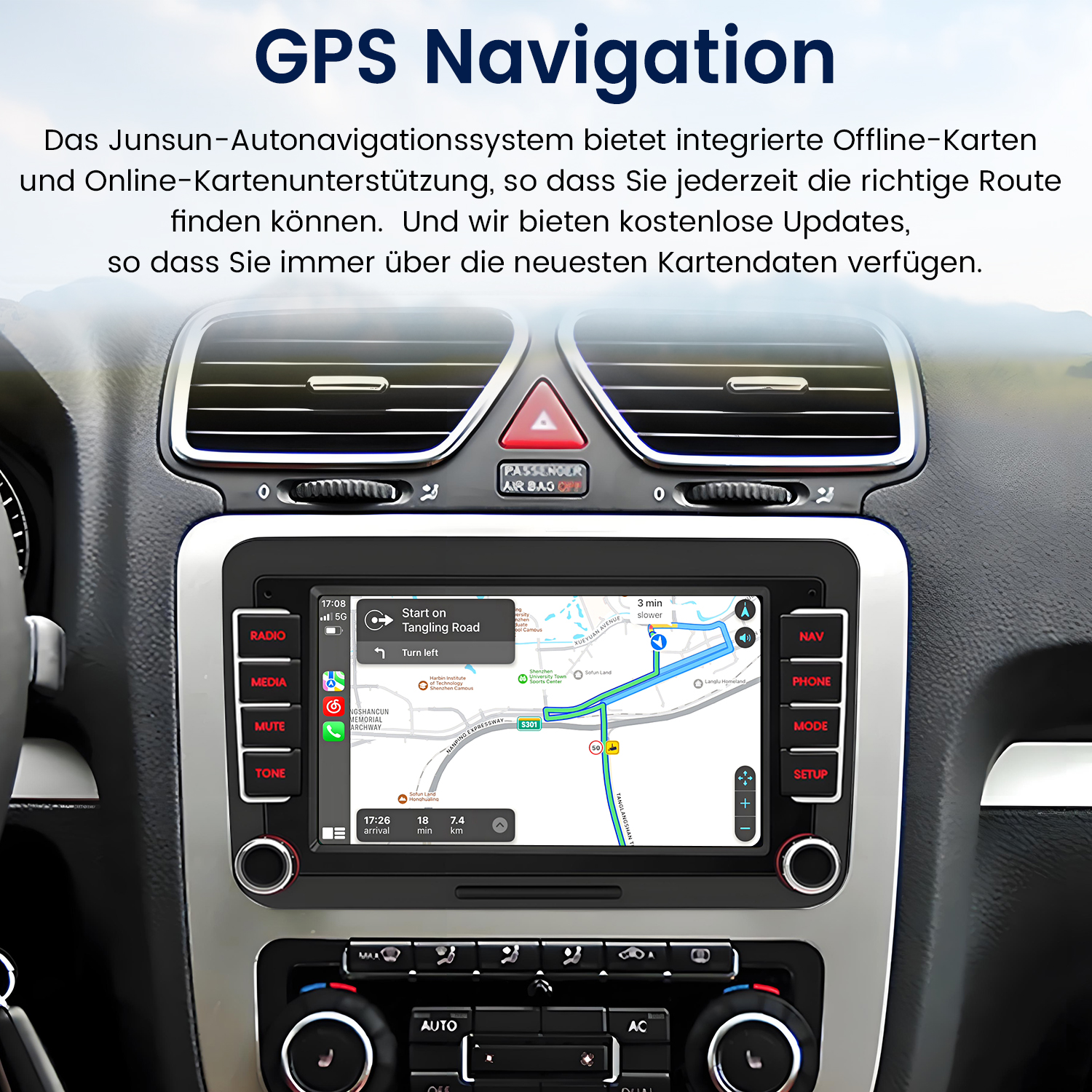 Armaturenbrett mit GPS-Navigationsbildschirm. Der Bildschirm zeigt Karte und Details.