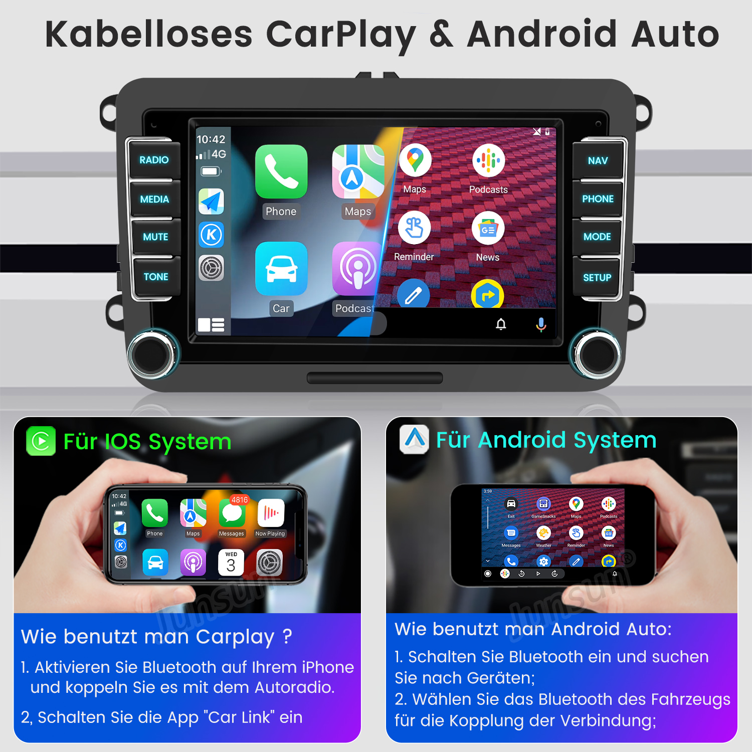 Auto-Infotainmentsystem-Bildschirm mit verschiedenen App-Symbolen. Text: Wireless CarPlay & Android Auto.
