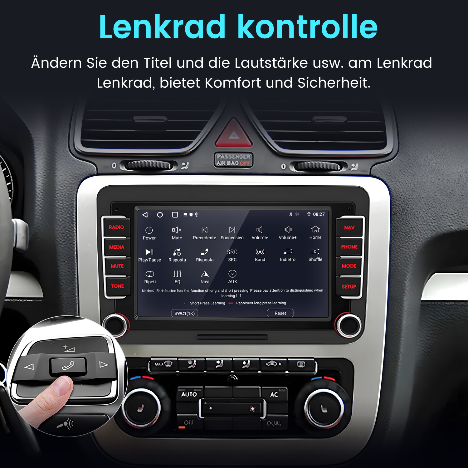 Auto-Armaturenbrett mit Medientasten. Hand drückt eine Taste. Text auf dem Bildschirm und Armaturenbrett.