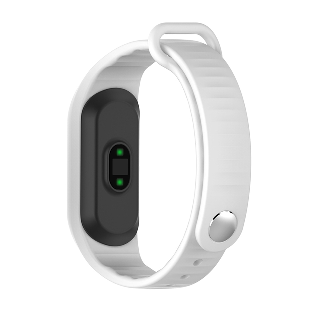 Ein weißer Fitnesstracker mit schwarzem Sensorfeld und grünen Lichtern.
