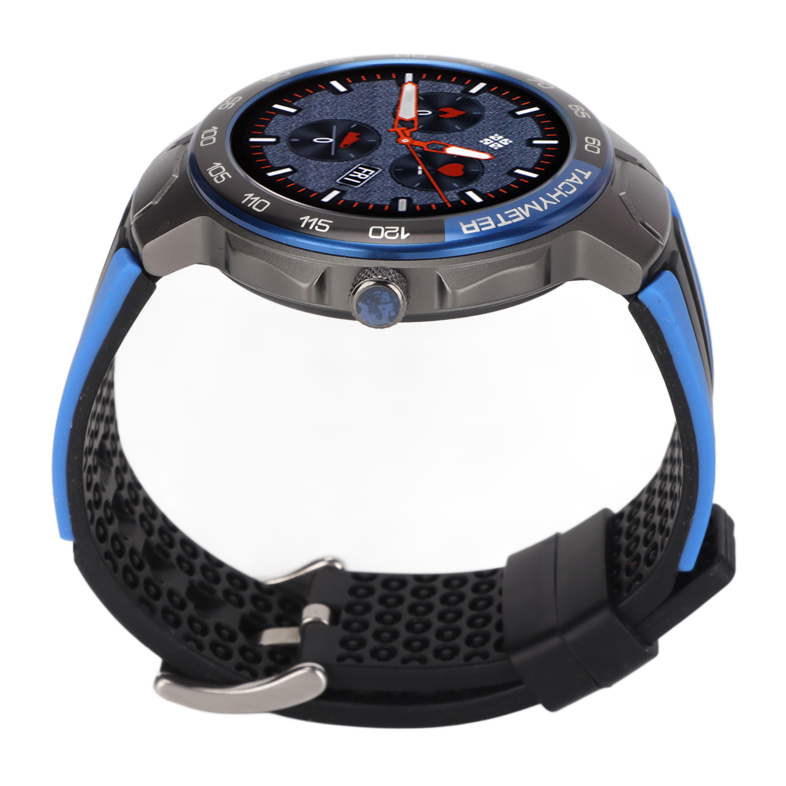 Sportliche Smartwatch mit blauem Rahmen und schwarz-blauem Armband.