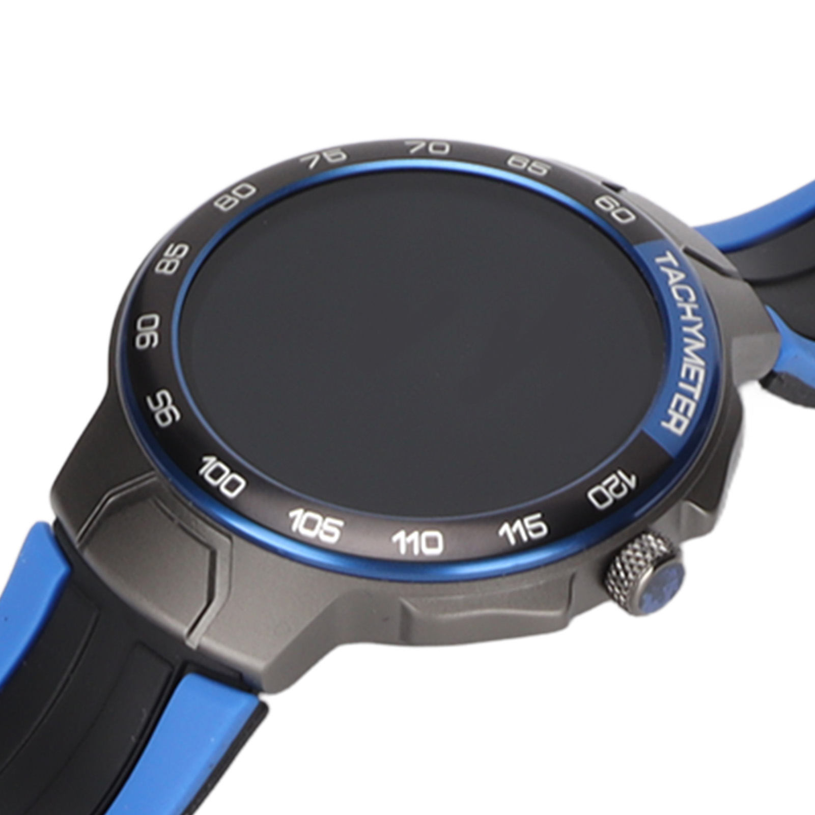 Smartwatch mit schwarzem Bildschirm, blauem Rahmen und schwarzem und blauem Armband, weißer Hintergrund.
