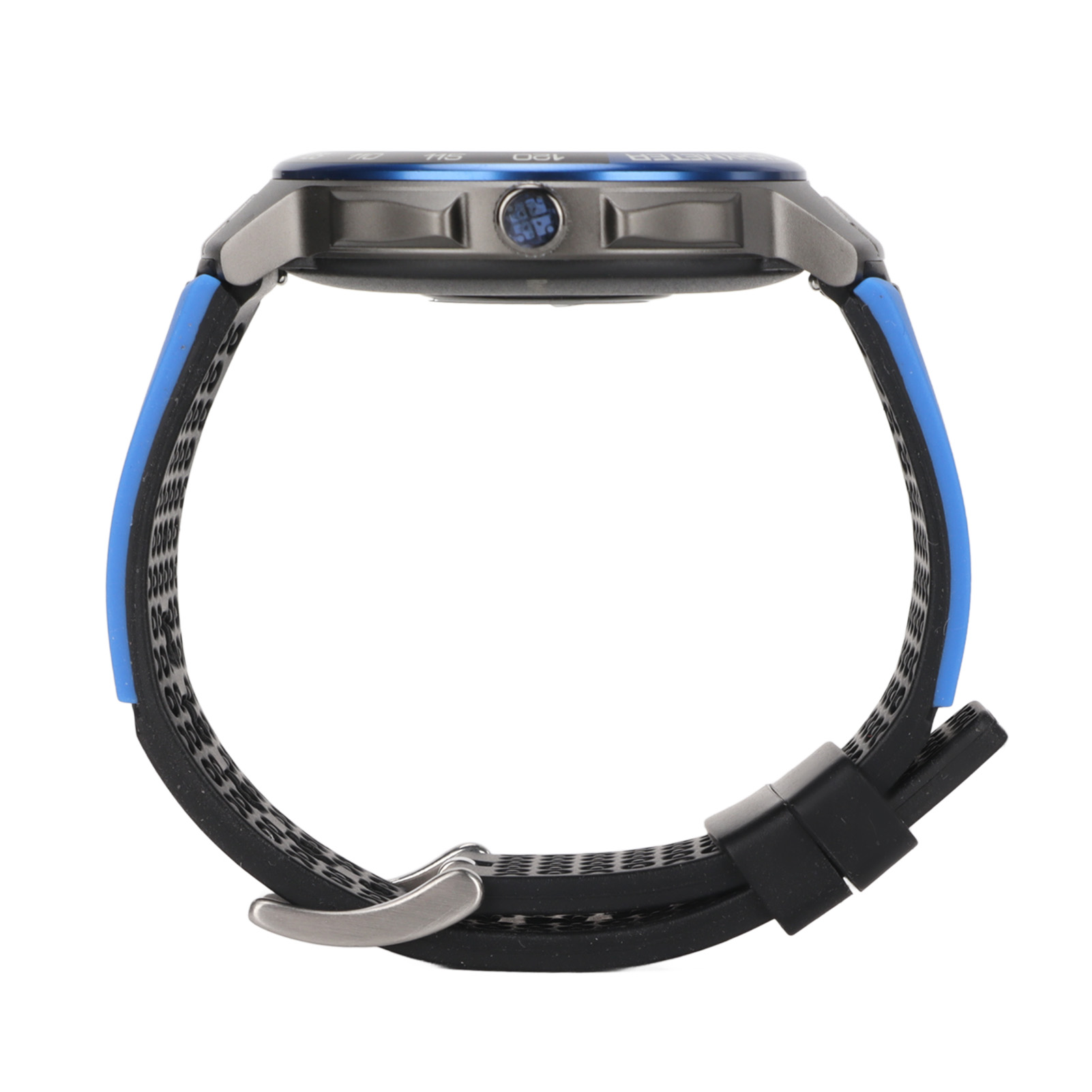 Seitenansicht einer schwarz-blauen Smartwatch mit silbernem Armband.