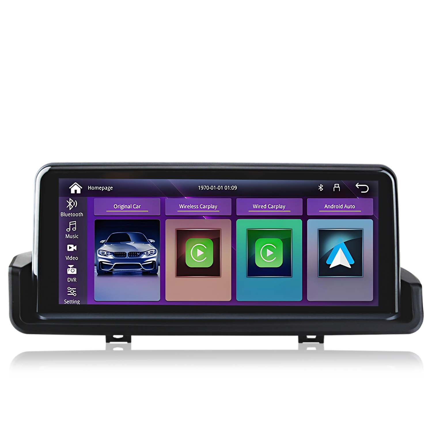 Ekran systemu multimedialnego samochodu z różnymi opcjami. Pokazuje oryginalny samochód, Carplay bezprzewodowy i przewodowy oraz Android Auto.