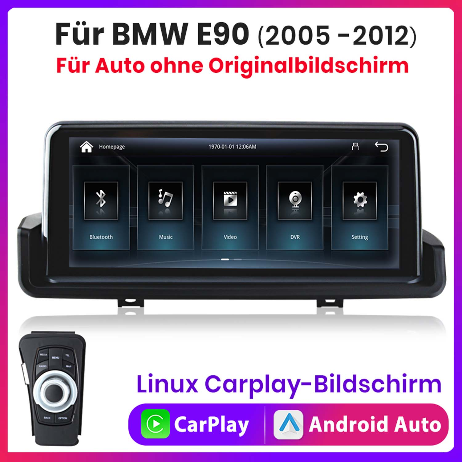 Interfejs ekranu samochodowego z ikonami. Tekst po niemiecku: Für BMW E90. Logo CarPlay i Android Auto.