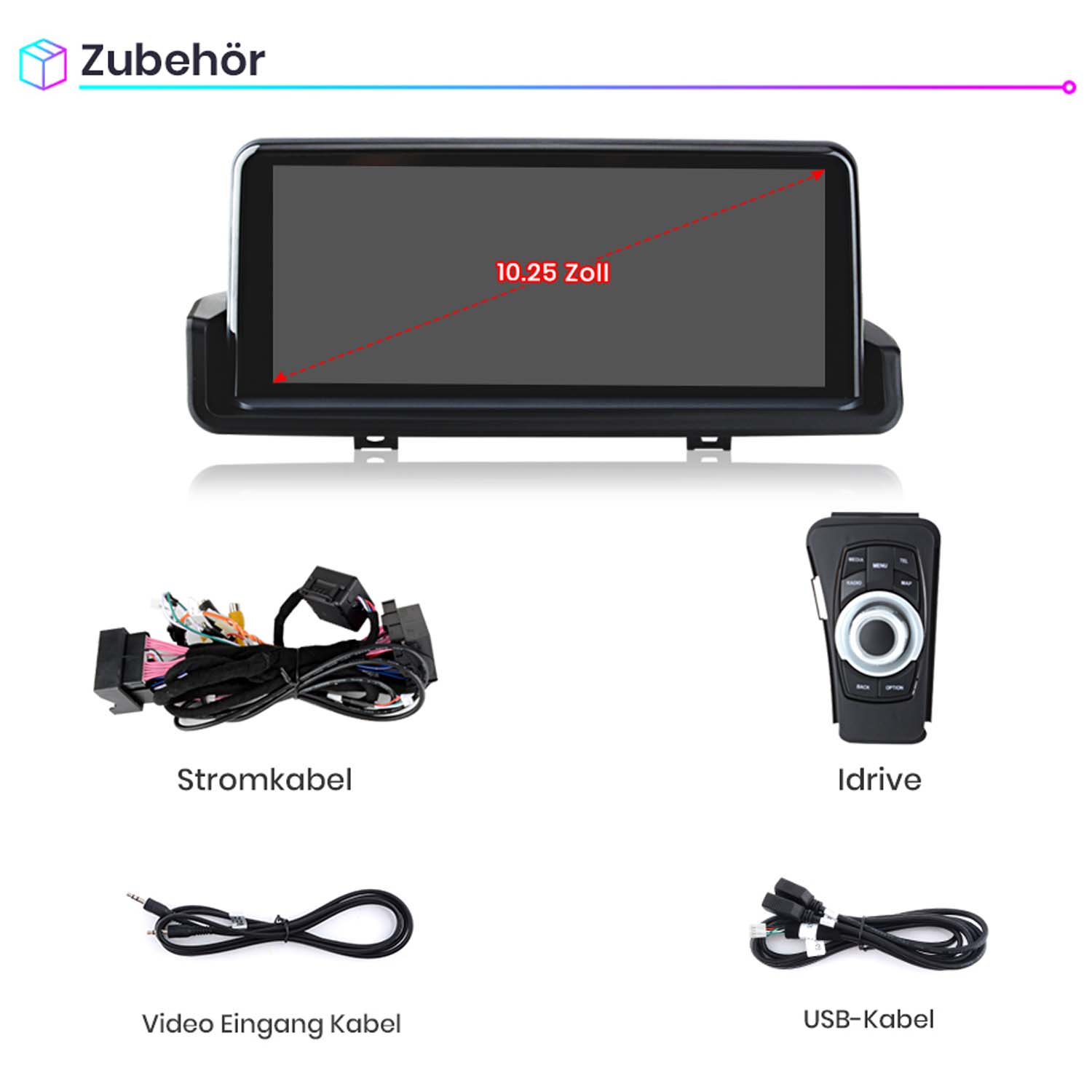 Komponenten des Auto-Multimedia-Systems: Bildschirm, Kabel, Idrive und andere Kabel. Schwarz und weiß.