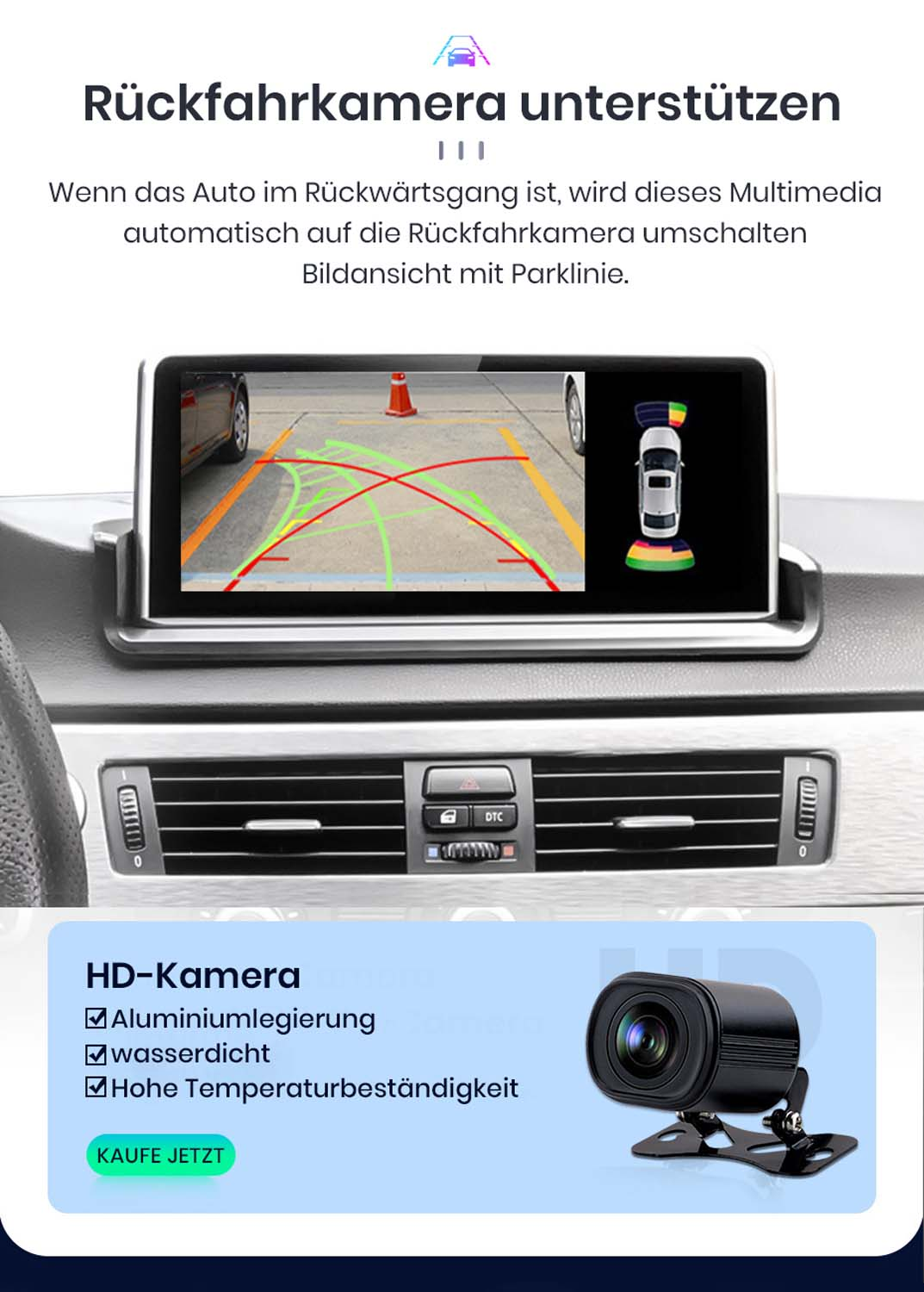 Deska rozdzielcza samochodu z ekranem pokazującym widok z kamery cofania i linie parkingowe.