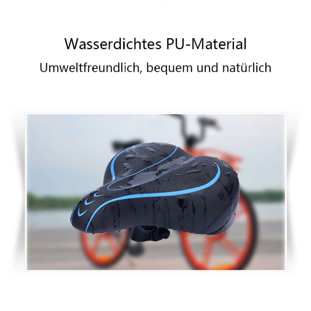 Schwarzer Fahrradsattel mit blauen Akzenten, vor einem verschwommenen Hintergrund eines Fahrrads und Bäumen.