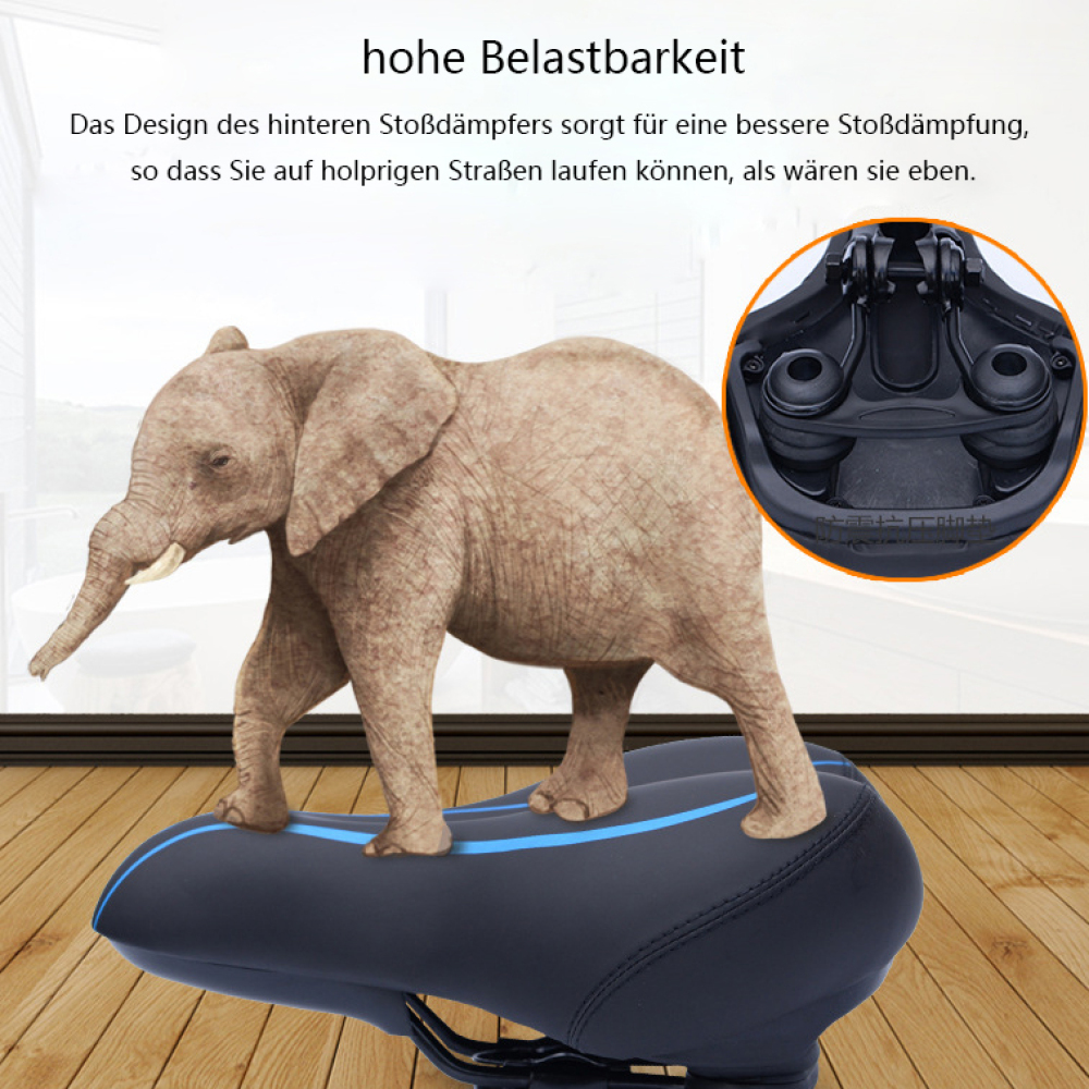 Ein Elefant auf einem Fahrradsattel. Der Sattel ist schwarz und hat eine blaue Linie.
