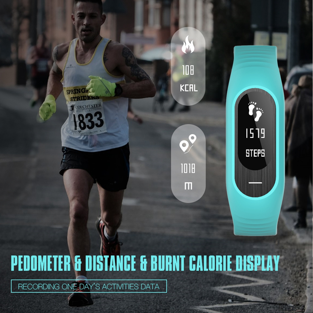 Ein Mann läuft mit einem Fitnesstracker. Der Tracker zeigt Schritte, Distanz und Kalorien an. Text: Pedometer & Display.