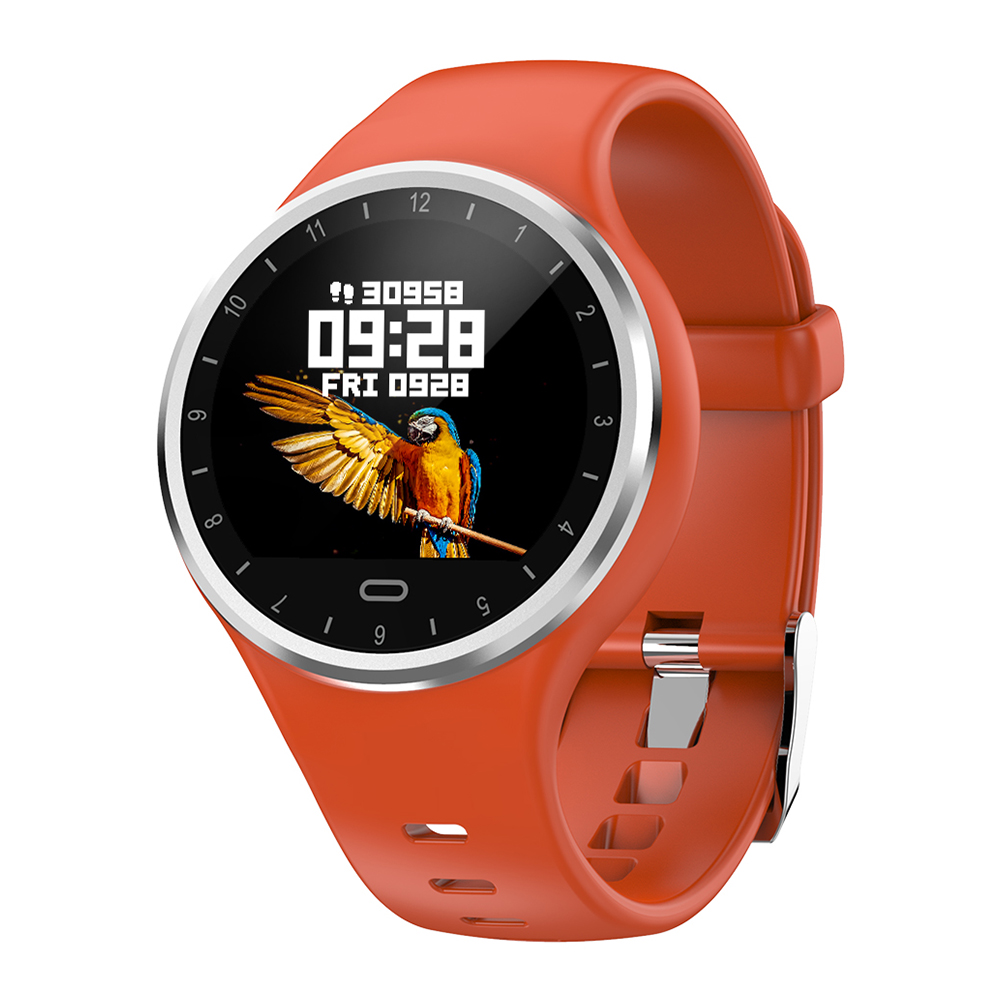 Orange Smartwatch mit rundem Zifferblatt, zeigt Papageienbild auf dem Bildschirm.