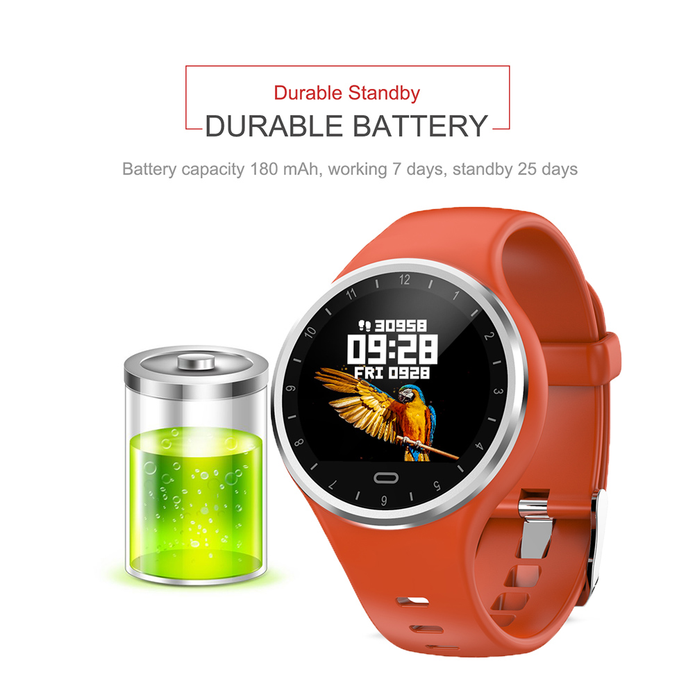 Orange Smartwatch mit Digitalanzeige, die Zeit, Datum und ein Papageienbild zeigt.