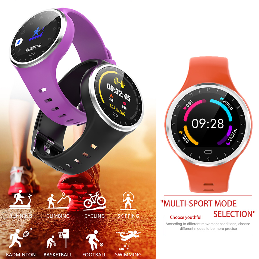 Smartwatches in Lila, Schwarz und Orange, mit Sportmodus-Symbolen und Beschreibungen.