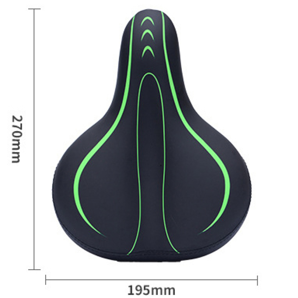 Schwarzer Fahrradsitz mit grünen Streifen, Abmessungen: 270mm x 195mm.