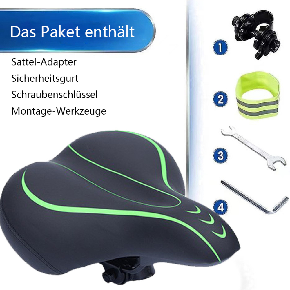 Ein schwarzer Fahrradsattel mit grünen Akzenten. Enthält weitere Fahrradteile: Adapter, Sicherheitsgurt, Schraubenschlüssel und Werkzeuge.