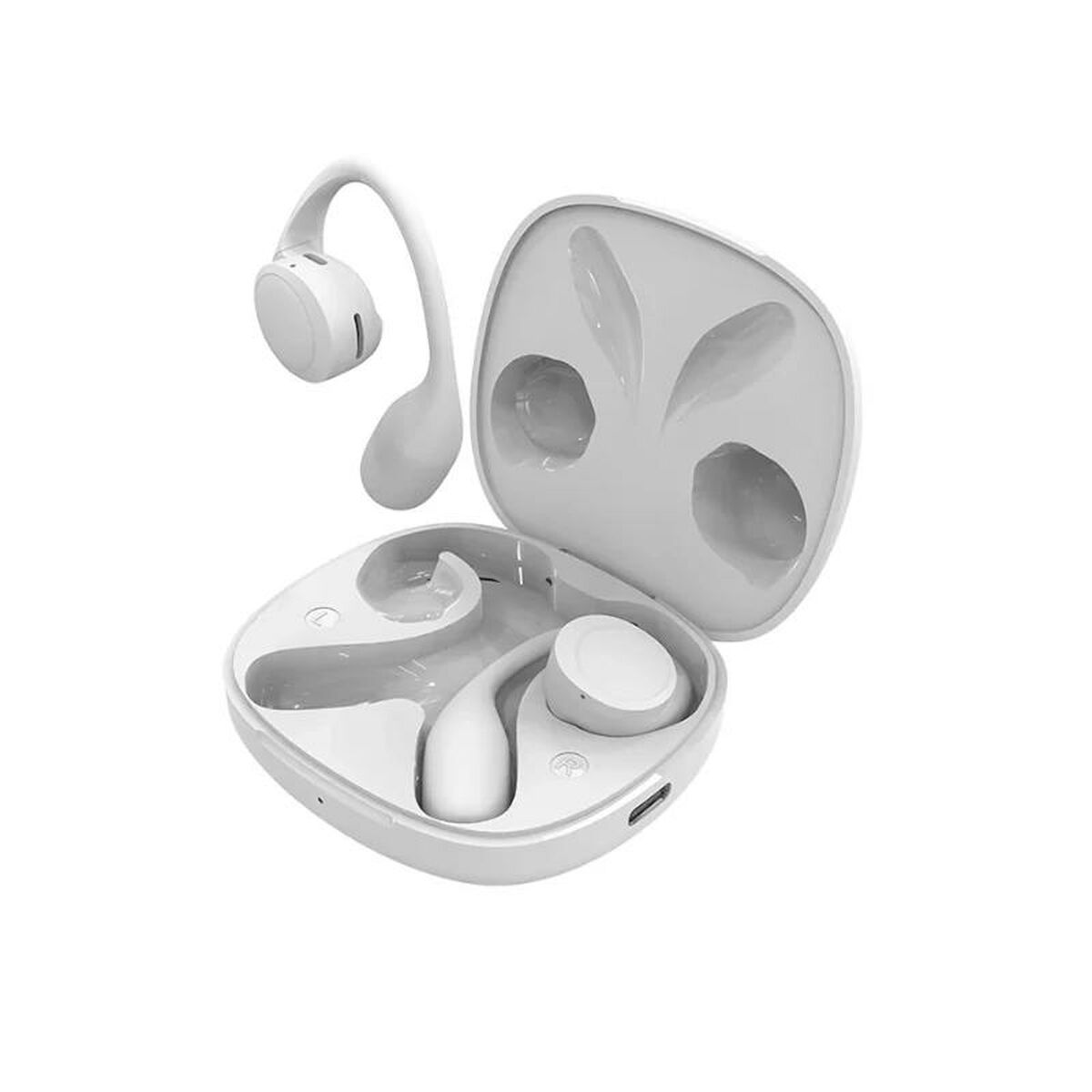 Un set di auricolari bianchi con custodia di ricarica. La custodia è aperta, mostrando gli auricolari.