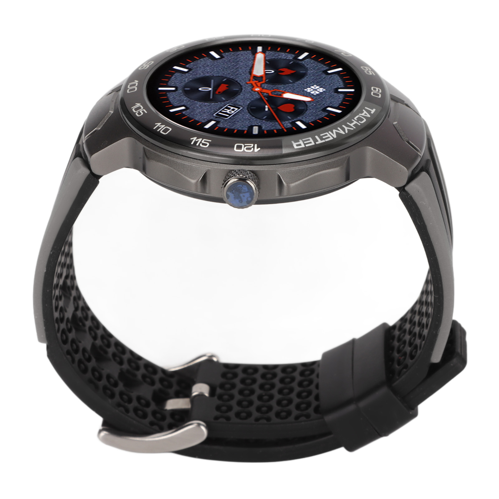 Graue Smartwatch mit schwarzem und rotem Zifferblatt. Schwarzes und graues Armband. Weißer Hintergrund.