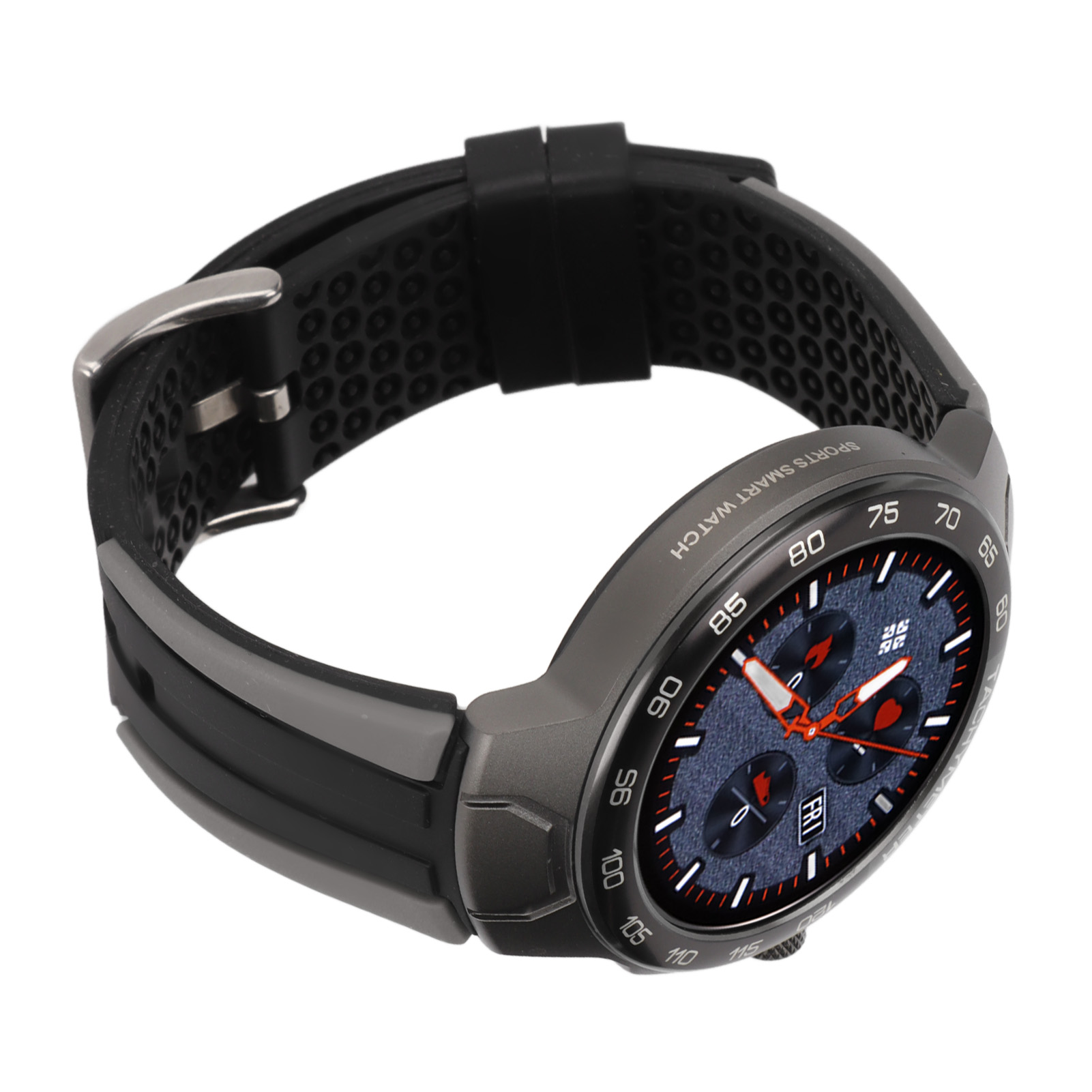 Eine graue Smartwatch mit schwarzem Armband, die eine Digitaluhr anzeigt.
