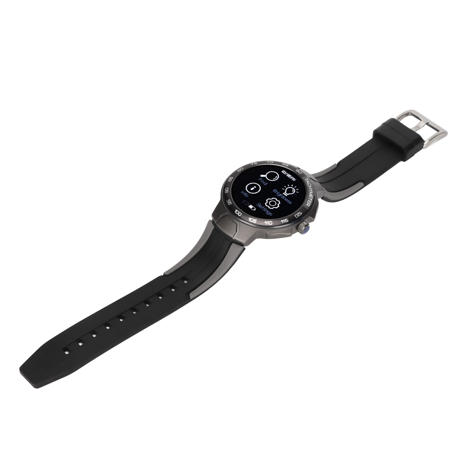 Eine Smartwatch mit schwarzem Armband auf weißer Oberfläche. Der Bildschirm ist sichtbar.