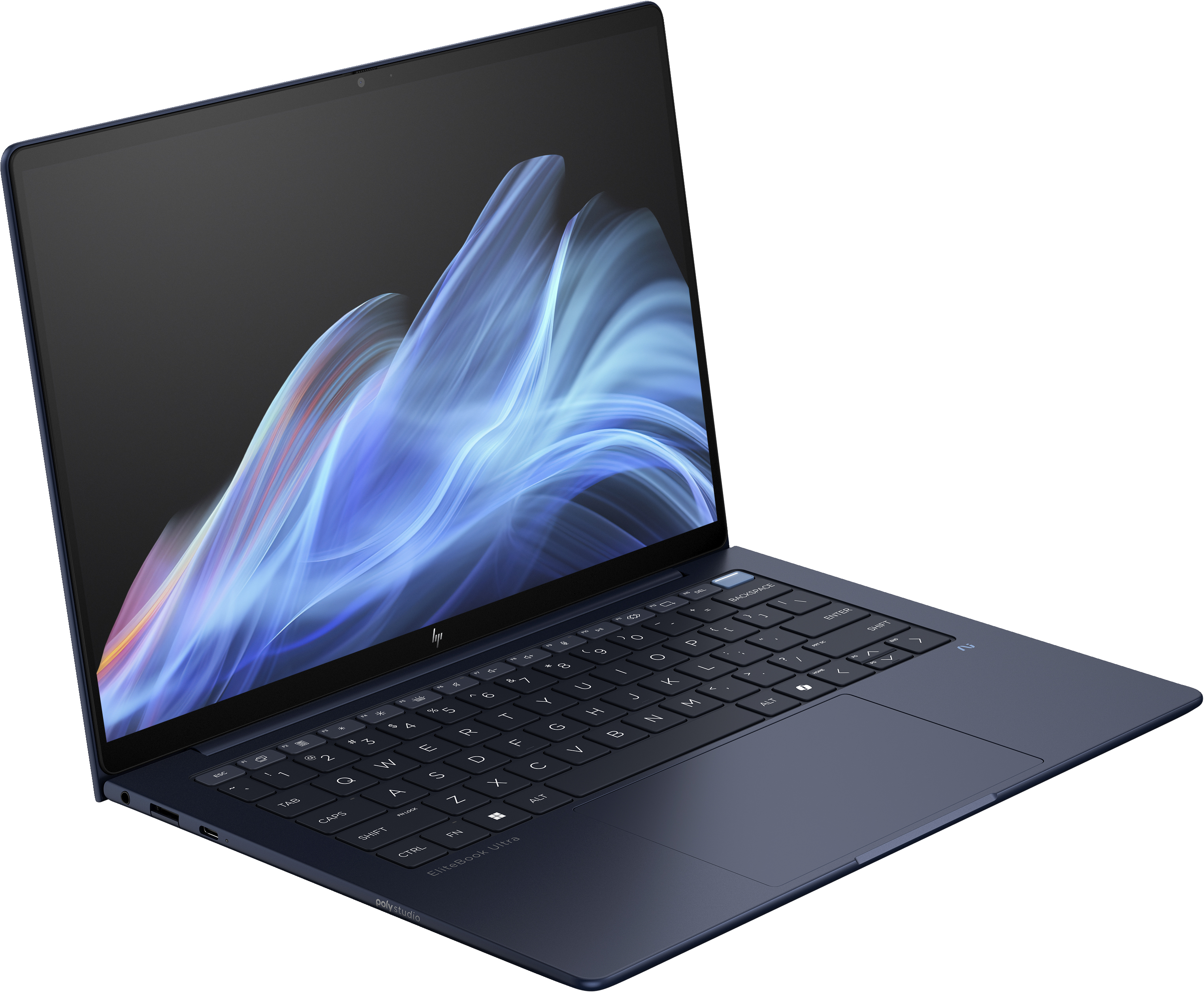 Donkerblauwe laptop open, met een kleurrijke abstracte afbeelding op het scherm.