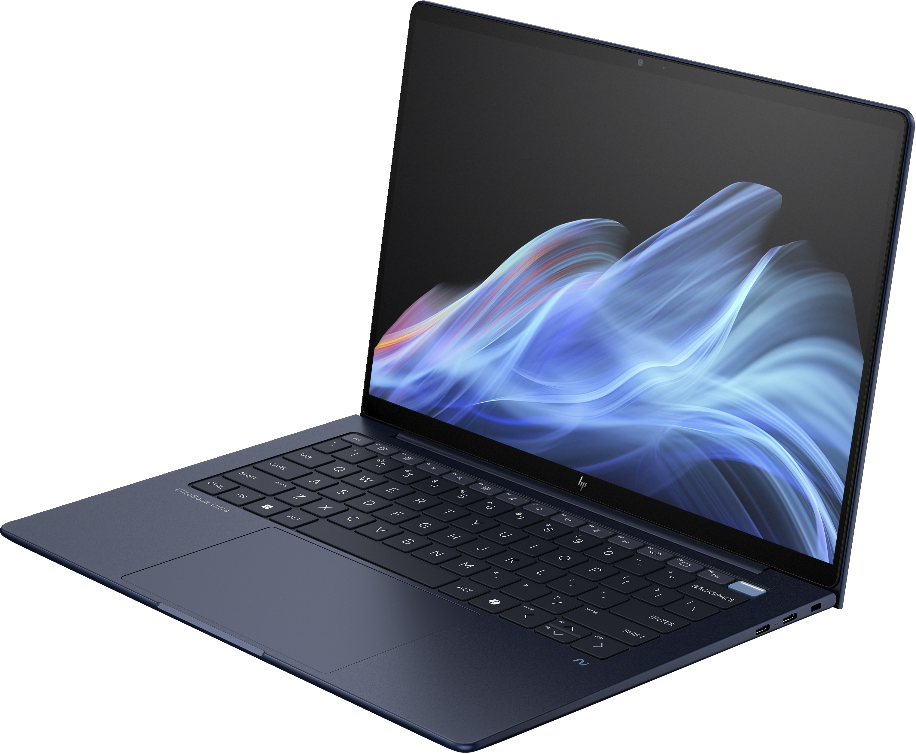 Laptop che mostra schermo e tastiera, che mostra arte astratta. Colori blu e neri.