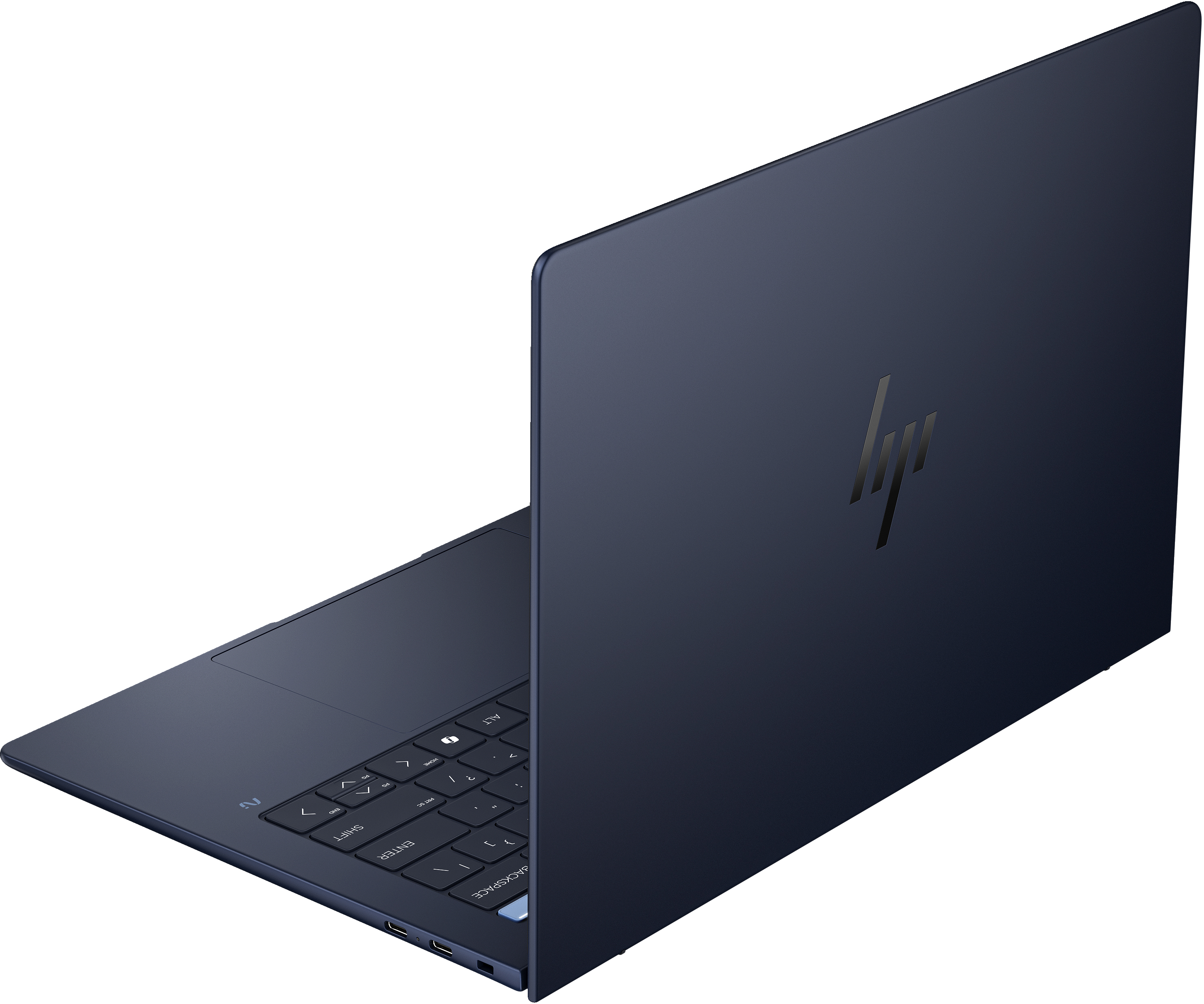 Laptop blu, aperto, con il logo HP sul coperchio.