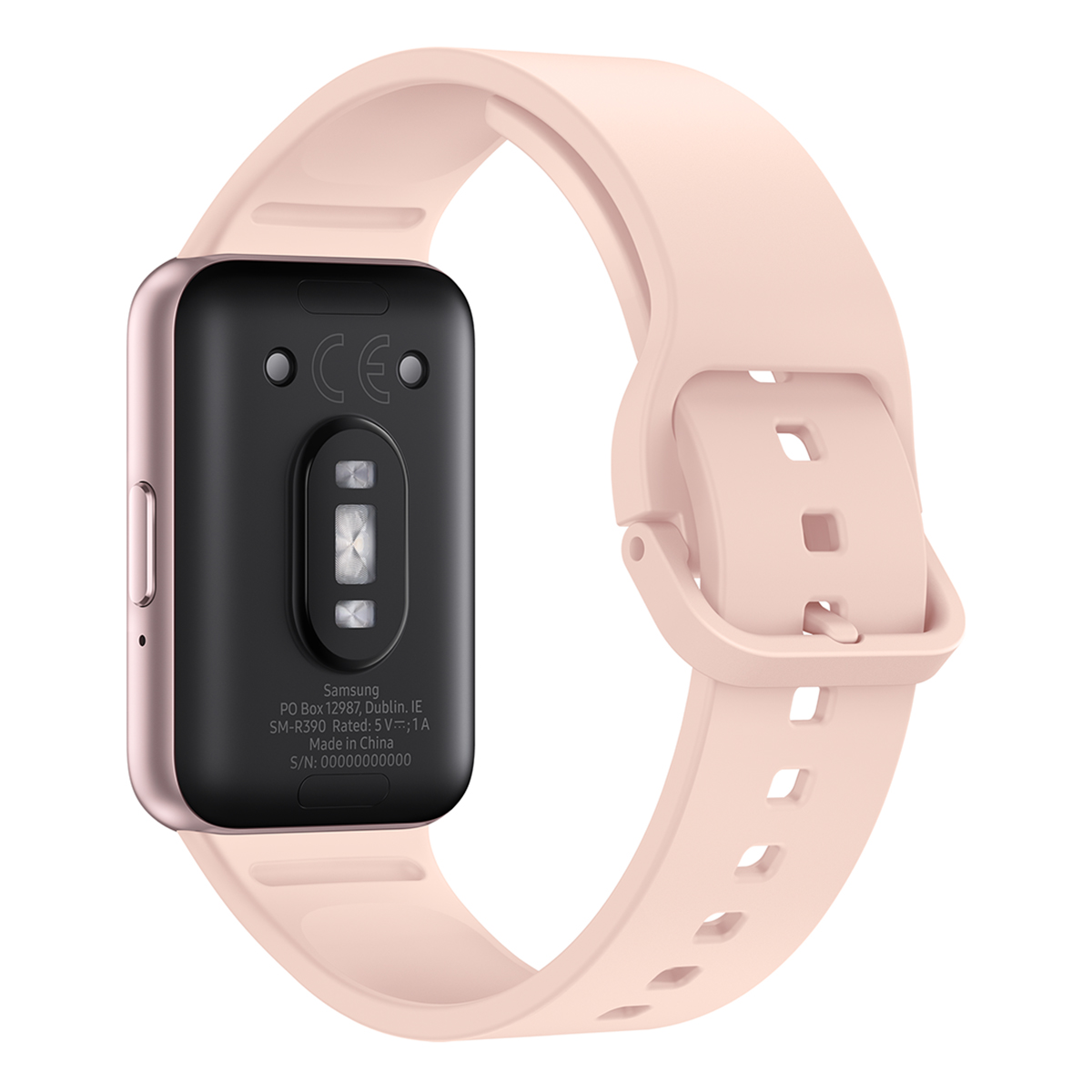 Rosa Smartwatch mit rosa Armband. Die Rückseite zeigt Funktionen, einschließlich Samsung-Logo.