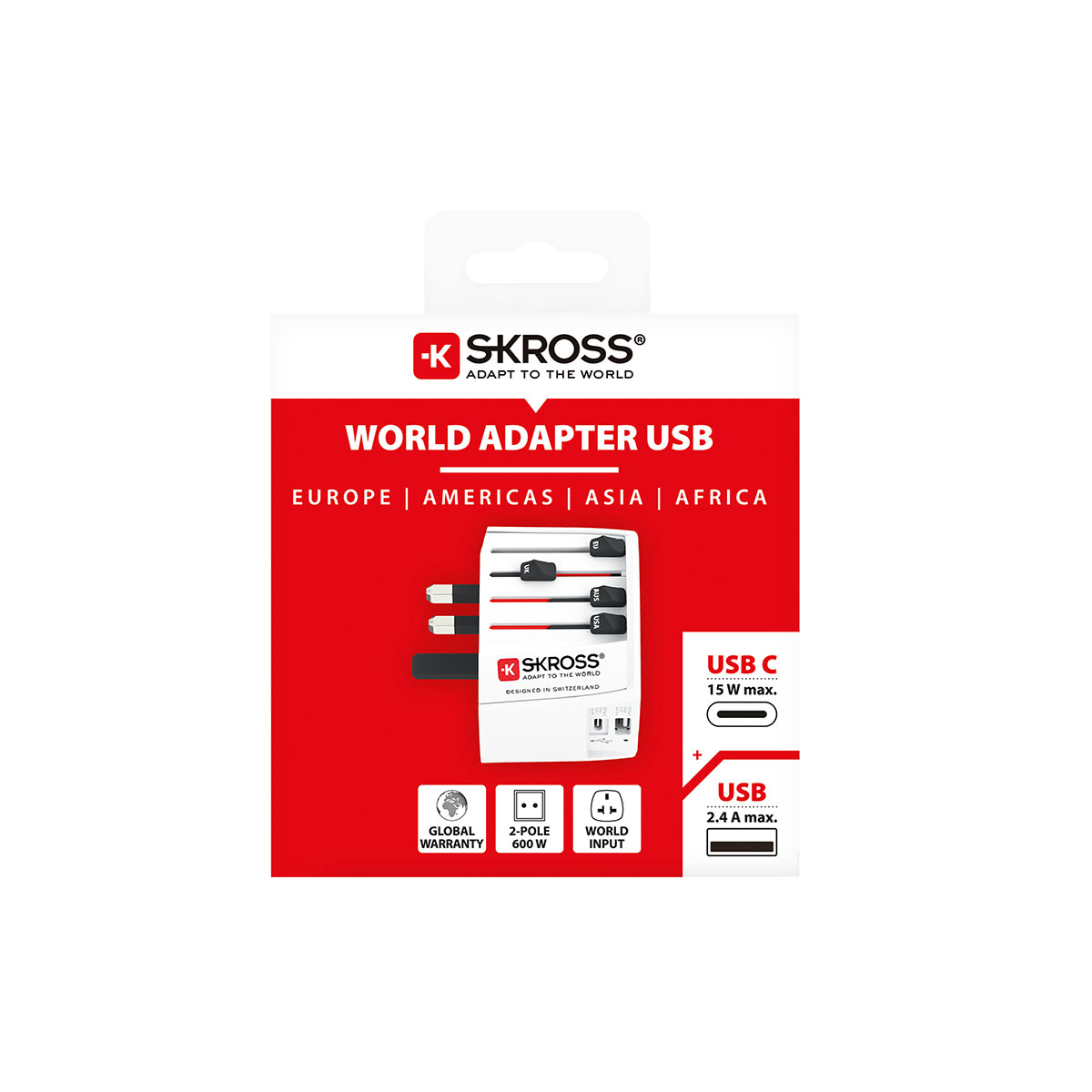 Adattatore universale bianco e rosso con più tipi di spina e porte USB.