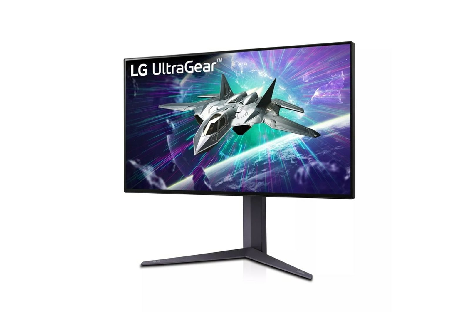 LG UltraGear Monitor, der einen Kampfjet in einer futuristischen Weltraumszene zeigt.