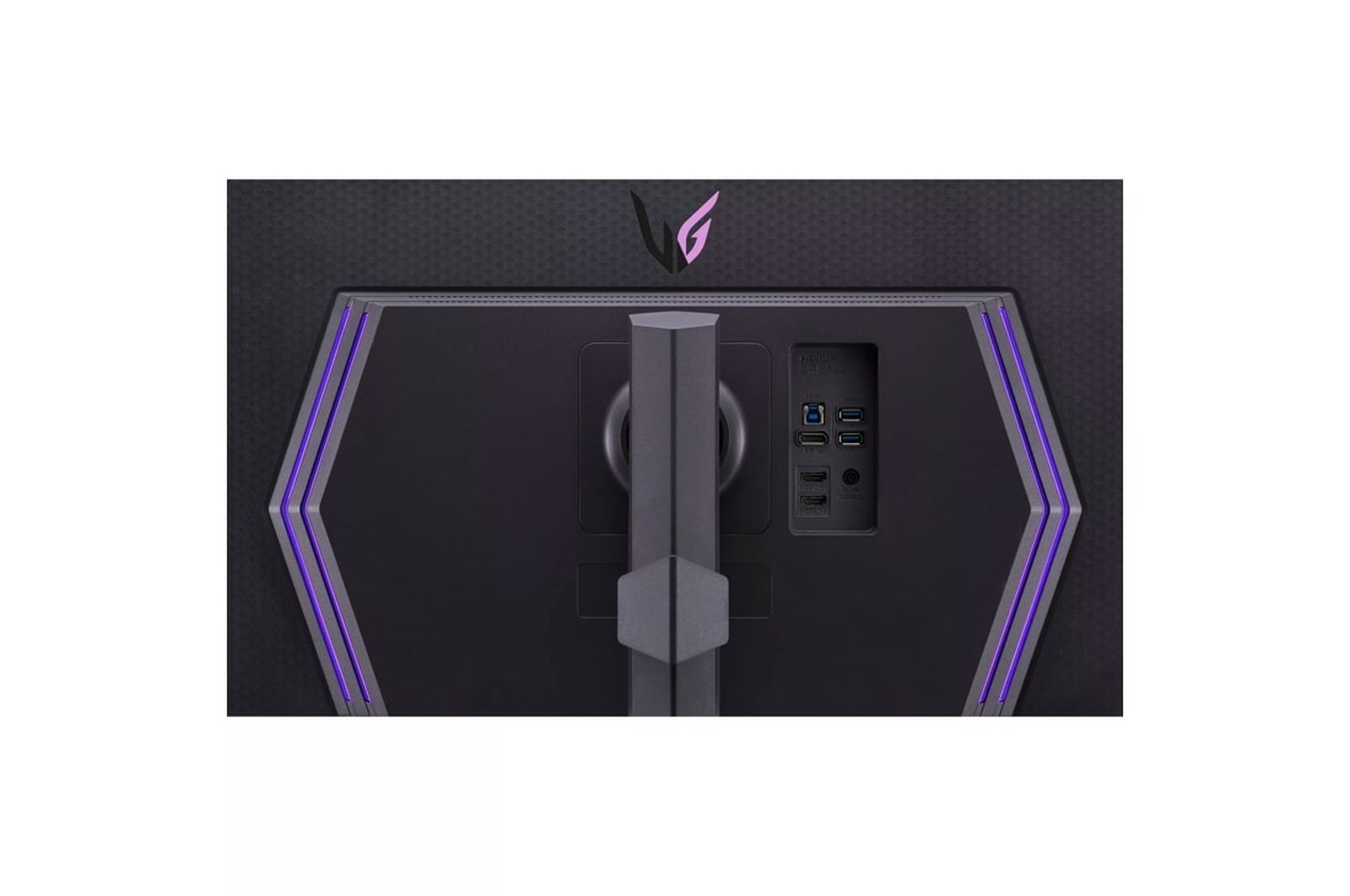 Rückseite eines schwarzen Monitors. Zeigt Anschlüsse und einen Ständer.