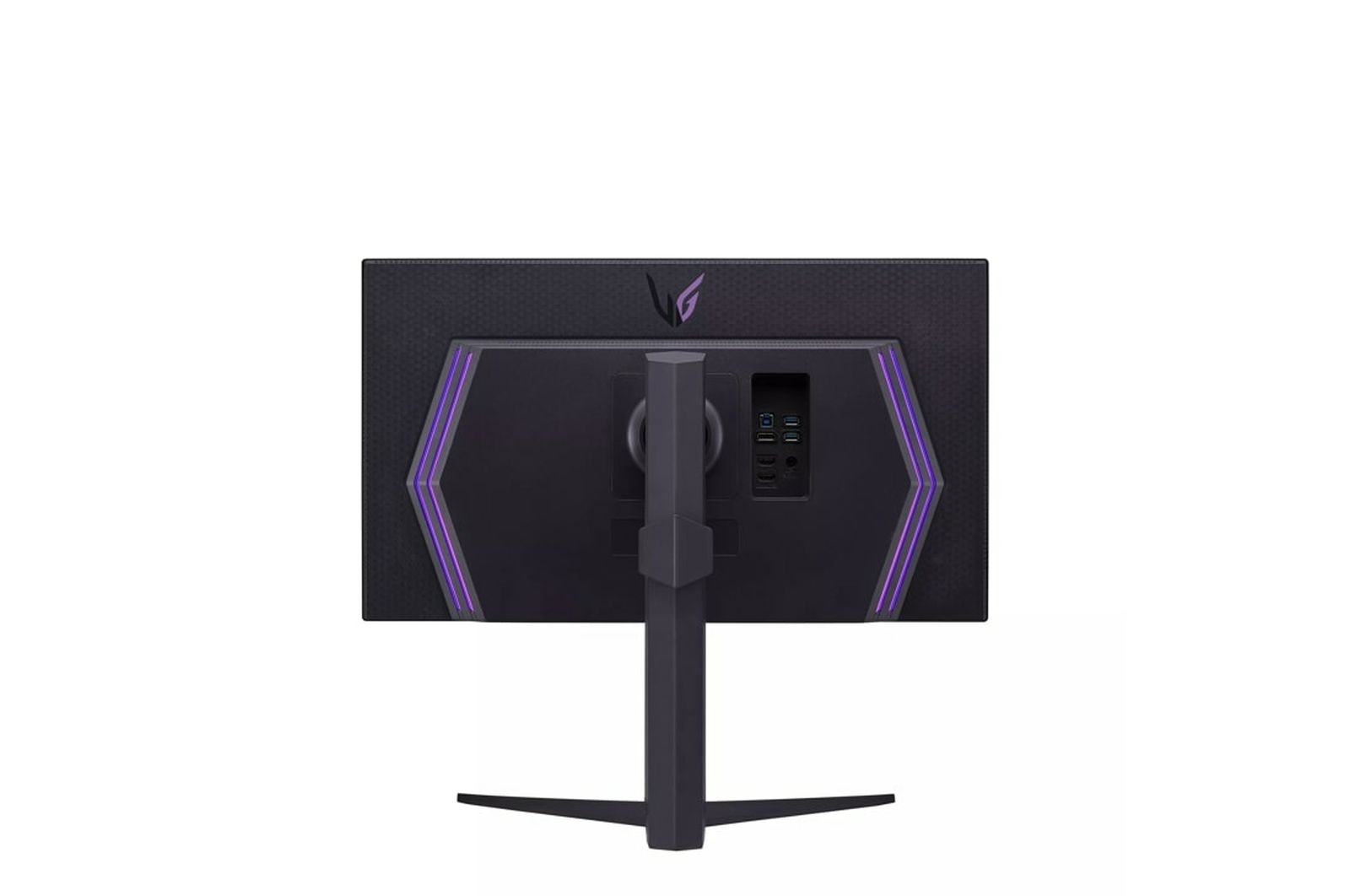 Rückseite eines schwarzen LG-Monitors mit lila Lichtern und Anschlüssen. Steht auf einem Ständer.