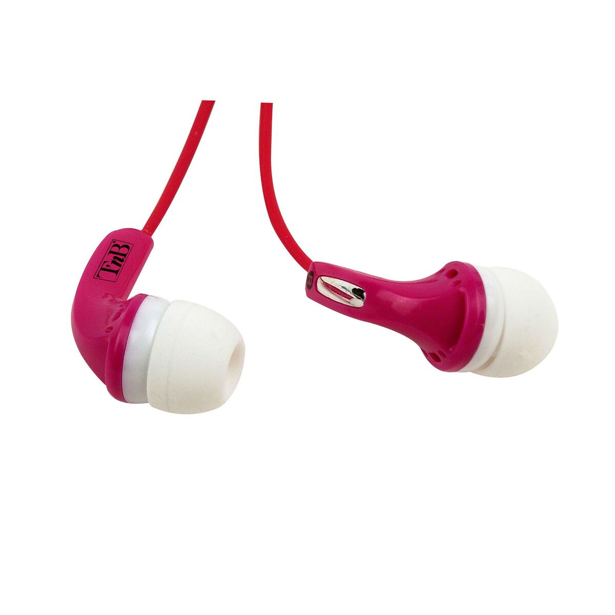Auricolari rosa con auricolari bianchi, cavo rosso.