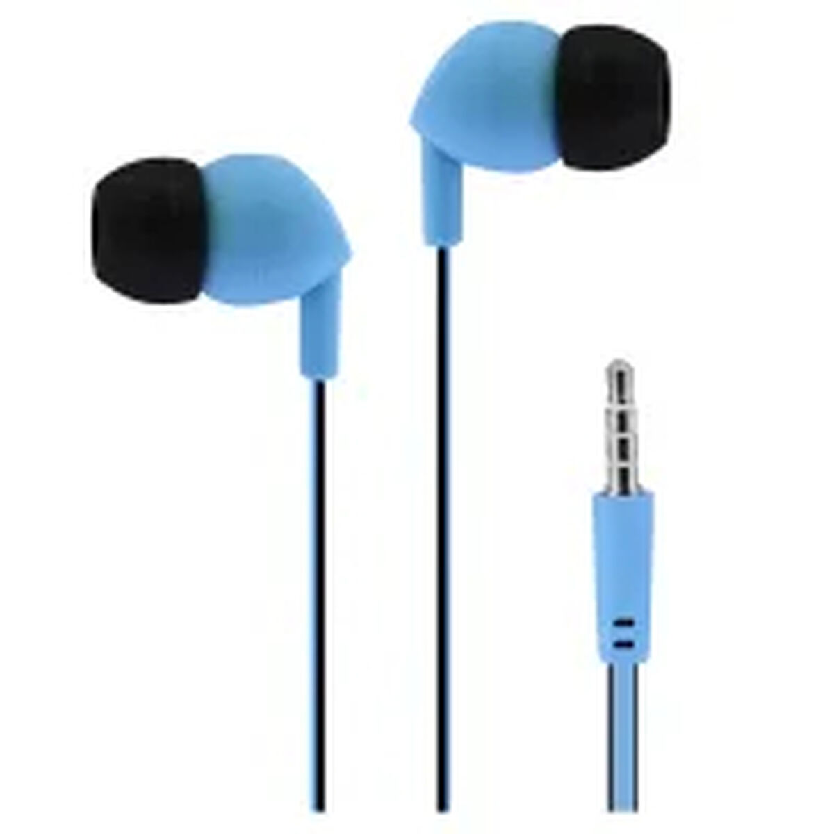 Primer plano de auriculares azules con puntas negras y conector azul.