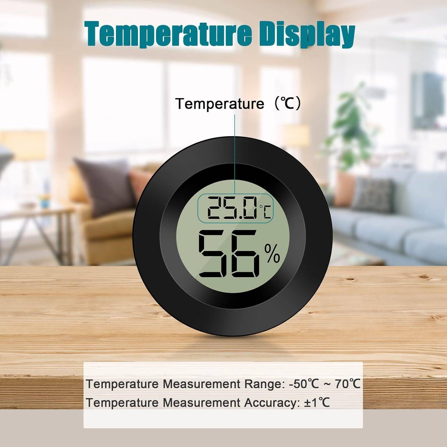 Schwarzes Temperaturdisplay mit einer digitalen Anzeige von 25,0 Grad Celsius und 56 % Luftfeuchtigkeit.