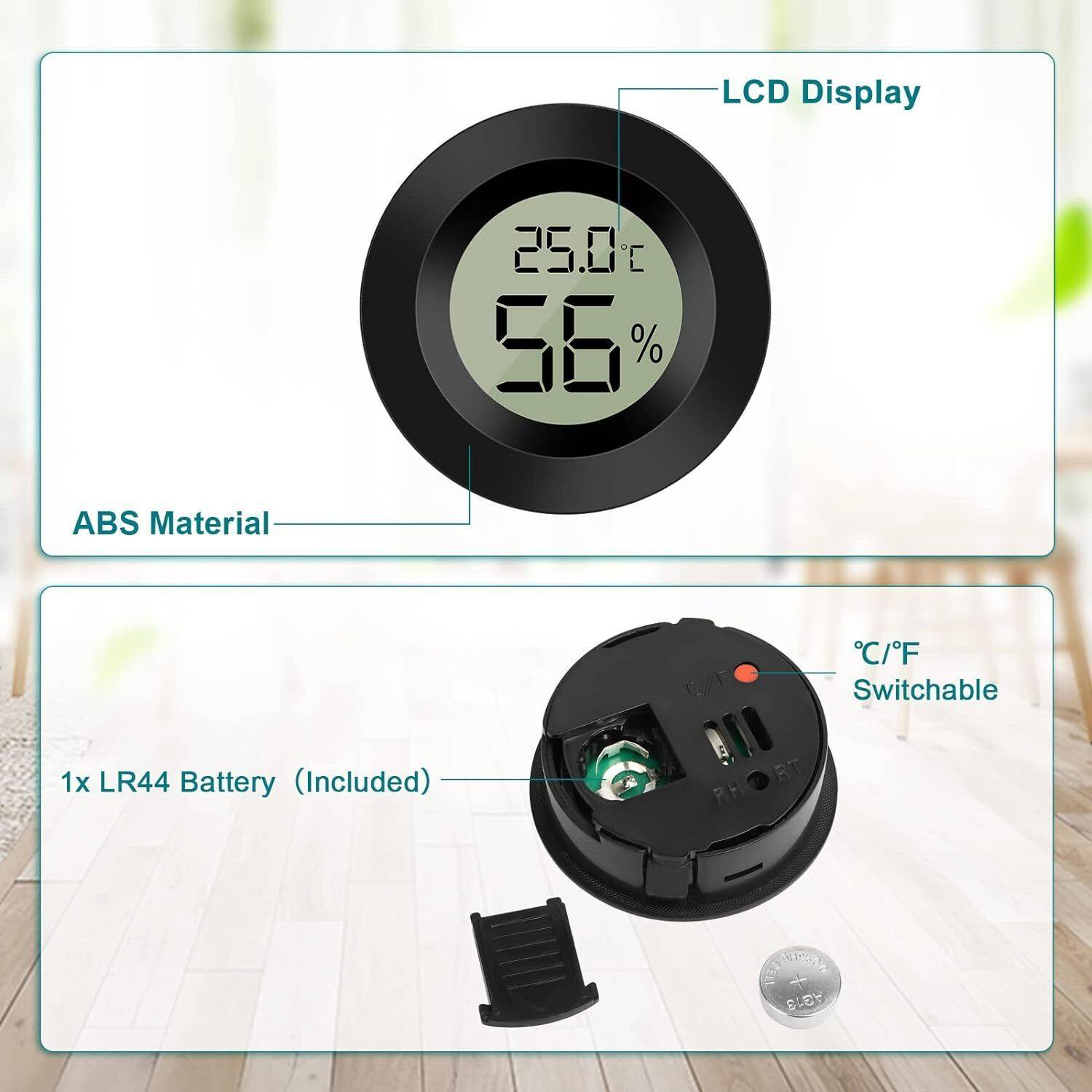 Schwarzes digitales Rundthermometer zeigt 25,0 Grad Celsius und 56 % Luftfeuchtigkeit an. Batterie und ABS-Material sind gekennzeichnet.