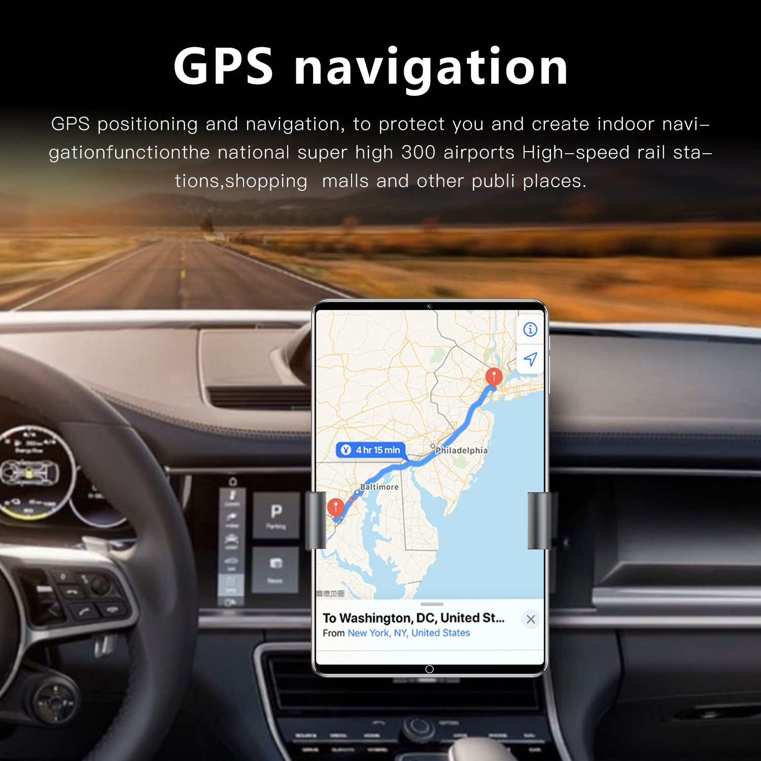 Armaturenbrett eines Autos mit einem GPS-Navigationsbildschirm, der eine Route von New York nach Washington DC zeigt.
