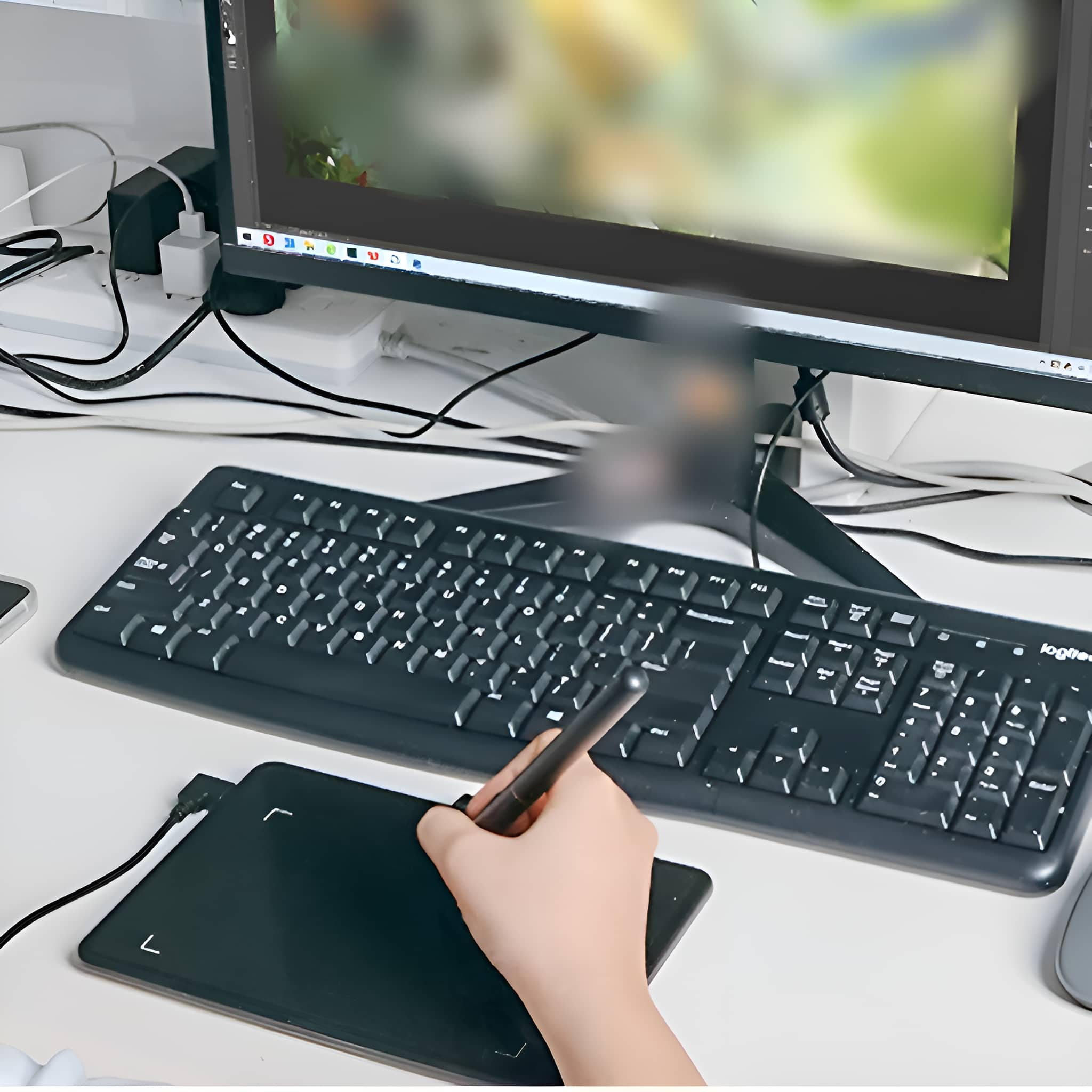 Hand benutzt Stift auf Zeichentablett. Tastatur und Monitor im Hintergrund.