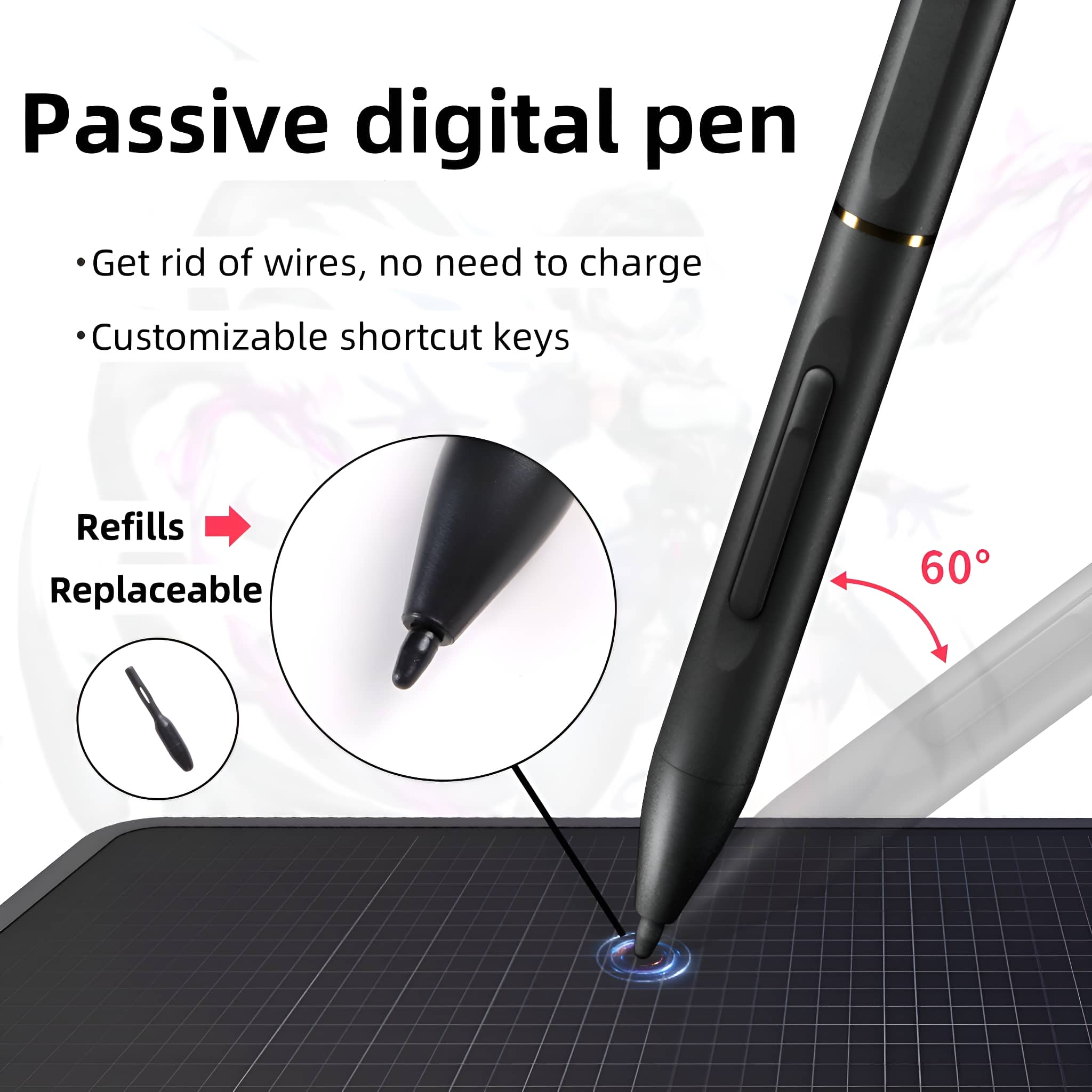 Ein schwarzer Stift mit einem digitalen Tablet wird in einem Winkel von 60 Grad gezeigt.