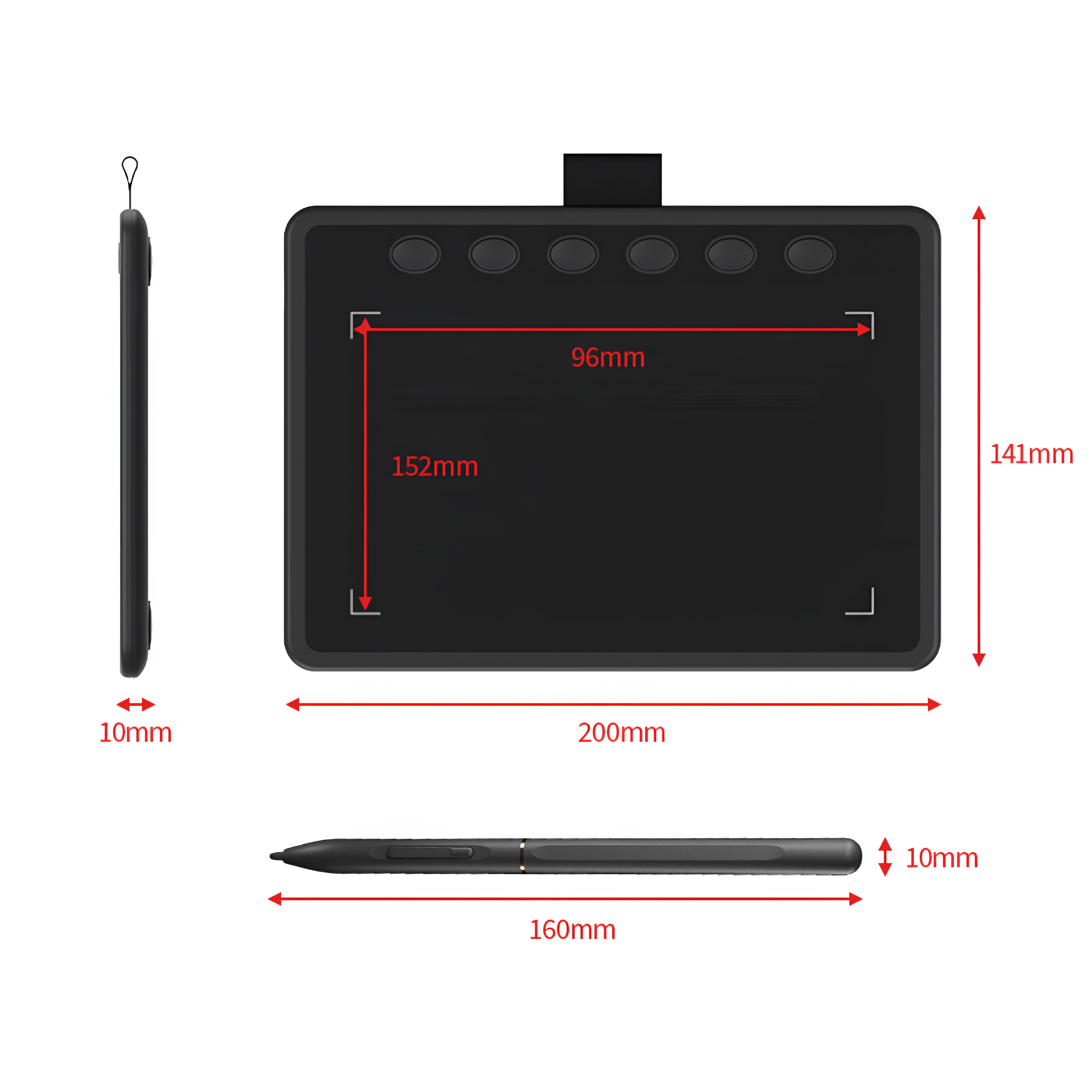 Ein schwarzes Grafiktablett mit Stift und angegebenen Abmessungen. Es ist auf weißem Hintergrund.